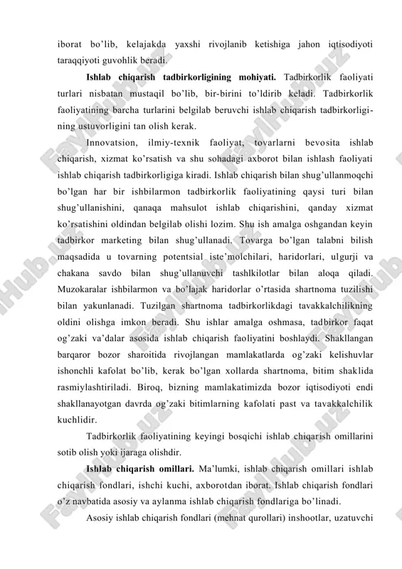 gallanmagan ishlab chiqarish, o’zi tayyorlagan yarim tayyor mahsulot, kelajakdaagi harajatlar ham aylanma ishlab chiqarish fondlarini tashkil qiladi. qayta ishlov berilmagan sanoat mahsulotlari (ruda, neft, ko’mir, gaz va boshqalar), qishloq xo’jalik mahsulotlari (paxta, jun, teri va boshqalar) xom ashyoni tashkil qiladi. materiallar esa ma’lum qayta ishlash jarayonidan o’tib tay​yor mahsulot ishlab chiqarishga mo’ljallangan mehnat mahsulotidir. asosiy materiallar bo’lajak tayyor mahsulot (temir, yog’och, mato)ning asosini tashkil qiladi, yordamchi material​lar (bo’yoq, tugma va boshqalar) asosiy materiallar uchun ishlatiladi yoki (moylash moylari) ishlab chiqarish jarayoniga yordamlashadi. asbob-uskunalar narxi va ishlatish muddatiga qarab aylanma fondlarga kiritiladi. asbob-uskunalarning xizmat muddati bir yildan oz bo’lsa, u aylanma fondlarga taalluqlidir. yarim tayyor mahsulotlar sotib olingan yoki o’zida tayyorlangan turlariga bo’linadi. yarim tayyor mahsulotlar iste’molga tayyor bo’lmagan bo’lib, uni boshqa tsex firma yoki korxonada tayyor holatiga keltirish lozim. tugallanmagan ishlab chiqarish tugallanmagan mahsulot bo’lib, yarim tayyor mahsulotdan farqli ravishda o’z ishchi joyida turadi. uni me’yoridagi ishlov berish uchun korxonaning …
