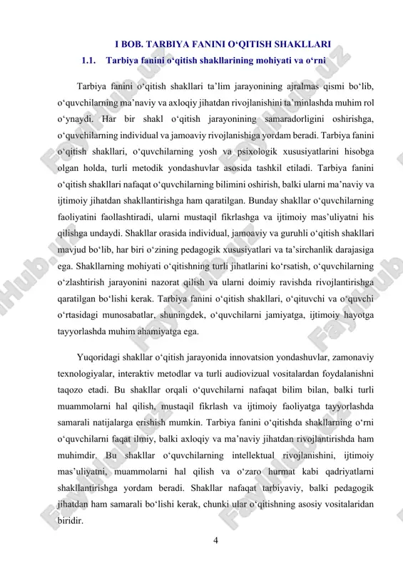 beradigan tarzda ishlab chiqilishi lozim. masalan, jamoaviy shakllar o‘quvchilarga o‘zaro muloqot qilish, muammolarni muhokama qilish va guruhda ishlash ko‘nikmalarini rivojlantirishga yordam beradi. boshqa tomondan, individual shakllar o‘quvchining o‘ziga xos xususiyatlari va ehtiyojlarini inobatga olib, uning rivojlanishini ta’minlashga yordam beradi. shu bilan birga, zamonaviy pedagogik shakllar o‘quvchilarning faol ishtirokini ta’minlashga, o‘quv jarayonini yanada jonlantirishga yordam beradi. interaktiv metodlar, masalan, seminarlar, tahlillar, diskussiyalar va o‘yinlar yordamida tarbiya fanini o‘qitish shakllarini yanada samarali qilish mumkin. bu shakllar o‘quvchilarning ilmiy, ijtimoiy va madaniy savodxonliklarini oshirishda ham muhim ahamiyatga ega. tarbiya fanini o‘qitish shakllarining o‘rni, ularning ijtimoiy, madaniy va ilmiy rivojlanishga ta’siri beqiyosdir. o‘quvchilarni tarbiyalashda shakllarning muvaffaqiyati, o‘qitishning umumiy metodik yondashuviga bog‘liq. shakllar nafaqat bilimlarni, balki o‘quvchilarning individual qobiliyatlarini, ijtimoiy ko‘nikmalarini va tarbiyaviy qadriyatlarini shakllantirishda ham muhim vosita sifatida xizmat qiladi. 1.2. tarbiya o‘qitish shakllarining turli xillari va ularning pedagogik ahamiyati tarbiya o‘qitish shakllarining turli xillari o‘quvchilarning axloqiy, ma’naviy va ijtimoiy rivojlanishini ta’minlashda katta ahamiyatga …