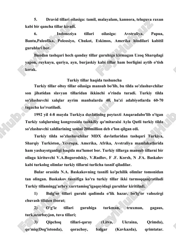 ) qarluq tillari gurihiga o'zbek. uyg'ur tillari kiradi.turkiy tillarnmg sharqiy xun tarmog'iga quyidagi guruhdagi tillar kiradi: 1) uyg'ur-turkiy tillariga qadimgi uuxun enasoy bitiklari tili, hozirgi tuva, tufalar (karagas) tillari; 2)yoqut tillari guruhi; 3) xakas tillari guruhiga xakas, kamasin, sho'r, chulin, oltoy, sari, uyg'ur tillari: 4)qirg"iz-qipchoq tillari guruhiga esa qirg'iz, oltoy tilining janubiy shevalari kiradi. turkiy tillar boshqa tillar oilalaridan aglyutinativ tizimga kirishi fonetik jihatdan singarmomzm qonunining mavjudligi, qarashlilik kategonyasming bo'lishi, grammatik jins kategoriyasining bo'lmasligi ko'makchilarning qo'llanishi, gap bo'laklarining qat'iy bir tartibda kelishi so'zlarning ko'p ma'noli bo'lishi kabi lingvistik xususiyatlari bilan farq qiladi.1 o'zbek adabiy tili, umumxalq o'zbek tili va shevalari adabiy til keng ma'noda tarixan shakllangan, so'z ustalari tomonidan qayta ishlangan. sayqal berilgan, jamiyatda kishi faoliyatining barcha tarmoqlari bilan uzviy bog'langan badiiy-publitsistik, ilrniy adabiyot tilidir. .sodda qilib aytadigan bo'lsak, ozbek adabiy til qonun-qoidalar asosida tuzilgan, o'zbeklar uchun namuna bo'ladigan, umumxalq tilining eng oliy shaklidir. hozirgi o'zbek adabiyete tili o'zbekiston davlatlari …