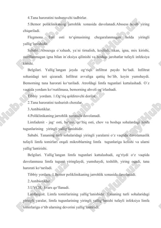 turida mahalliy qizarish, shish, og‘riq bo`ladi. 2.panaritsiyning teri osti turida barmoq shishadi, harakat qiyinlashadi, kuchli og‘riq bo‘ladi, tana harorati ko‘tariladi. 3.panaritsiyning pay turida barmoq shishgan, yarim bukilgan, barmoqni yozganda og‘riq zo‘rayadi. 4.panaritsiyning suyak turida barmoq shishib kolbasasimon shaklga o‘xshab qoladi. tibbiy yordam: 1.bemor poliklinikaning jarrohlik xonasida davolanadi. 2.og‘riqni qoldiruvchi dorilar. 3. antibiotiklar. 4.yiringlash paydo bo`lsa kesib yiringdan tozalanadi. 5. fizioterapevtik muolajalar. flebit - vena qon tomiri devorining yallig‘lanishidir. asosan oyoq venalari yallig`lanadi. sababi. vena tomiri atrofidagi to‘qimalarning yallig‘lanishi, shuningdek, vena tomiriga kuchli ta’sir qiluvchi gipertonik eritmalar, antibiotiklar va boshqa dorilarning in`yeksiya qilinishi. belgilari. yuza venalar yallig‘langanda teri ostidan qizil rangdagi ipsimon chiziq ko‘rinadi. chuqur venalar yallig‘langanda bemorning oyog‘i shishadi, tana harorati ko‘tariladi, og‘riq bo`ladi, harakat qiyinlashadi. tibbiy yordam. 1.bemor poliklinikaning jarrohlik xonasida davolanadi. 2. og‘riqni qoldirish uchun analgin (baralgin) muskul orasiga. 3. bemor oyoqlarini baland qilib yotishi kerak. 4. oyoqqa vishnevskiy yoki geparin mazi surtilib, bog‘lam qo‘yiladi. 5. antibiotiklar. 6. …