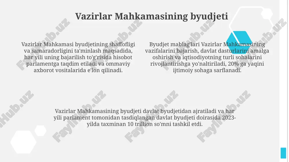 ijrosini nazorat qilish boʻyicha 20 dan ortiq vazifalarni bajaradi. tashqi siyosatdagi ishtiroki oʻzbekiston respublikasi vazirlar mahkamasi 2023-yil davomida 15 dan ortiq xorijiy davlat delegatsiyalari bilan muzokaralar oʻtkazdi, ikki tomonlama hamkorlikni rivojlantirishga qaratilgan 20 dan ziyod shartnoma imzolandi. tashqi siyosat doirasida vazirlar mahkamasi iqtisodiy diplomatiya vositalaridan foydalanib, 2022-yilda 10 milliard dollardan ortiq toʻgʻridan-toʻgʻri xorijiy investitsiyalarni jalb qilishga erishdi. 2024-yil uchun vazirlar mahkamasining tashqi siyosat strategiyasi, xalqaro tashkilotlar bilan (jumladan, bmt, shht) hamkorlikni kuchaytirish va 5 ta yangi strategik sheriklikni o‘rnatishni o’z ichiga oladi. oʻzbekiston respublikasi vazirlar mahkamasi 2023-yil holatiga koʻra, vazirlar mahkamasi tarkibida iqtisodiyot, ijtimoiy soha va infratuzilma rivojiga yoʻnaltirilgan 15 dan ortiq davlat dasturlari amalga oshirilmoqda. vazirlar mahkamasi raisi – oʻzbekiston respublikasining prezidenti boʻlib, u hukumat faoliyatini boshqaradi va nazorat qiladi, qarorlarni tasdiqlaydi. oʻzbekiston respublikasi vazirlar mahkamasining tarkibiga 30 dan ortiq vazirlik va qoʻmitalar kiradi, ularning har biri muayyan sohaga mas'uldir. e'tiboringiz uchun rahmat @taqdimot_robot