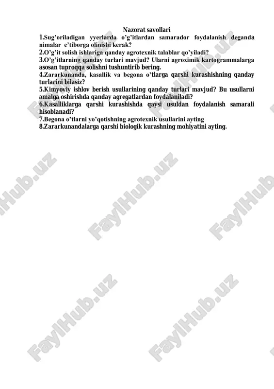aratlar vertolyot bilan sepilganda bu kamchiliklar bo’lmaydi, chunki uning parraklari pastga yo’naltirilgan kuchli havo oqimini vujudga keltiradi. zaharli ximikatlar yaxshi purkaladi va o’simliklarga 40...45° burchak ostida tushadi. samolyot va vertolyotlarni boshqarish ishlari birmuncha murakkab bo’lganligi sababli ularga xizmat ko’rsatuvchi ishchilar maxsus tayyorgarlik va instruktajdan o’tishlari lozim. aviatsiya yordamida ishlov berishning eng muhim afzalligi ularning yuqori unumli va tejamli ishlashidir. masalan an-2 samolyoti yordamida bir ish kunida270 gektardan ortiq maydonga kimyoviy ishlov berish mumkin. lekin shunga qaramay qishloq xo’jaligi zararkunandalariga qarshi kurashda aviatsiyadan foydanilanish cheklangani, chunki ular yer usti agregatlariga nisbatan tashqi muhitni zaharli ximikatlar bilan ko’proq ifloslantiradi. 3.ularni ishga tayyorlash va foydalanish. o’simliklarni himoya qilishda biologik usulning ahamiyati o’zbekistonda o’simliklarni himoya qilish majmuasi ichida biologik usulga alohida ahamiyat beriladi. biologik usulda o’simliklarni himoyalashda 20 turdan ortiq biomahsulotlar ishlab chiqariladi. asosiy biologik mahsulotlarga trixogramma, brakon, oltinko’z kiradi. mamlakatimizda biologik usulni qo’llash kimyoviy usulga nisbatan 1,5-2 barobar ortiq iqtisodiy foyda keltiradi. 4.o’simliklarni …
