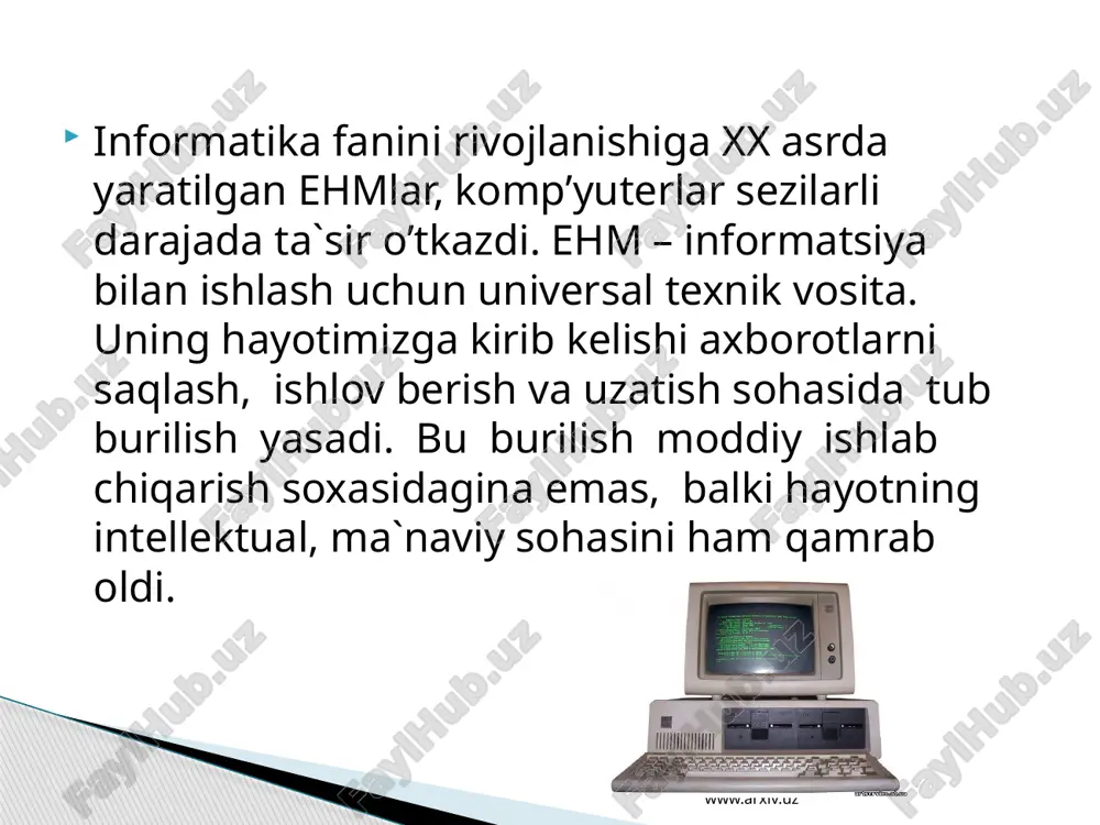 rilok bilan qoplangan, germetik yopik korpusga o`qish-yozish magnit kallagi bloki joylashtirilgandir. bu yig`uvchilarning sirini olinmaydigan konstrukciya hisobiga erishiladigan o`ta yuqori yozish zichligi tufayli bir necha ming megabaytgacha etadi; ular tezkorliligi ham emdy ga nisbatan jiddiy darajada juda yuqoridir. www.arxiv.uz qmdy juda rang-barangdir. disk diametri ko`pincha 3,5" (89 mm) , lekin boshqalari ham bordir, xususan 5,25" (133 mm) va 1,8" (45 mm) ham bor. diskovodning eng ko`p tarqalgan korpusining balandligi stol usti shk larda-25 mm, mashina-serverlarda-41 mm, ixcham shk larda-12 mm va b. zamonaviy vinchesterlarda zonali yozish usuli ishlatila boshlandi. bu holatda diskning butun yuzasi bir nechta zonalarga bo`linadi, shu bilan birga sektorlarning tashqi zonalariga ichkisiga nisbatan ko`proq qiymatlar joylashadi. bu, xususan, qattiq disklarning sig`imini taxminan 30 % oshirish imkonini beradi. www.arxiv.uz 1. diskli plastinkalar paketi ma`lumotlar qatti? diskning alyuminiy yoki shishadan ishlangan diski yoki bir nechta diska yoziladi. plastinkalar diametri qattiq diskning kattaligiga bog`liq: 5,25; 3,5; 2,5; 1,8; 1,0 dyuym. …