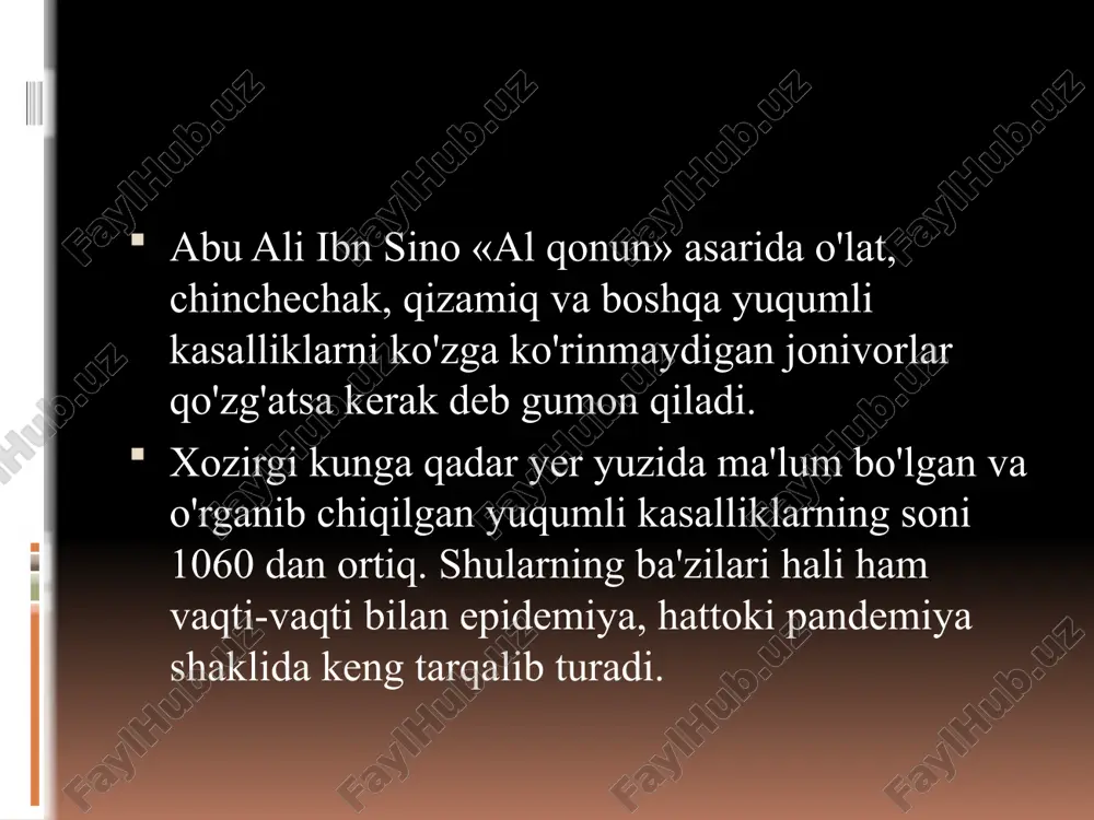 mumkin bo’lgan kasallik. lekin har yili minglab odamlar shu kasallikdan bevaqt nobut bo’lyapti. sil mikrobakteryalari issiq-sovuqqa, yorug‘lik va namlikka ancha chidamli. ko’cha changida 10 kun, kitob sahifasida 3 oygacha tirik turishi mumkin, yorug‘lik ta’sirida 1-1,5 oy mobaynida halok bo‘ladi, suvda esa 150 kun saqlanadi. sil mikrobakteriyalari chirish jarayonlariga ham chidamli bo‘lib, murda ko‘milganidan kegin ham bir necha oygachan ham saqlanib turadi. yuqish yo’llari 1) havo tomchi yo’li, chang bilan ( yo’talganda, aksirganda); 2) sil bilan kasallangan qora molning sutidan; 3) ona qornida yo’ldosh orqali bolaga yuqadi; 4) emizganda sut orqali ; 5) shikastlangan teri orqali; 6) idish tovoqlar o’rtada bo’lganda; klinik belgilari • surunkali (3 haftadan ko‘proq) yo‘tal, ko‘pincha uyqudan turgandan so‘ng zo‘rayadi. • tana harorat biroz ko‘tariladi va odam kechasi terlaydi. • ko‘krak qafasida og‘riq bo‘lishi mumkin. • odam ozib quvatsizlanib boradi. og‘ir yoki o‘tib ketgan hollarda: • odam yo‘talib, qon tuflaydi (odatda biroz, lekin ba’zi hollarda ko‘p qon …