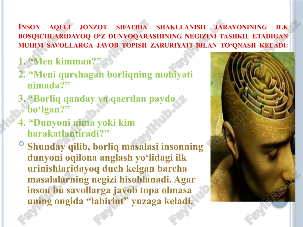 nosabatda mavjud bo‘ladi. dualizm dastlab arastu ta’limotida paydo bo’lgan. biroq u idealist sifatida aniq to’xtamga kela olmagan/ mazkur yo‘nalishga xvi asrda r.dekart asos solgan. asosiy holatlari: ikkita mustaqil substansiya mavjud: moddiy (davom etish xususiyatiga ega bo‘lgan) va ma’naviy (fikrlash xususiyatiga ega bo‘lgan); dunyoda barcha narsalar u yoki bu substansiyalardan kelib chiqqan (ya’ni moddiy narsalar moddiy, ma’naviy narsalar ma’naviydan kelib chiqqan); •insonda bir vaqtning o‘zida ikkita substansiya mujassamlashgan – ham moddiy, ham ma’naviy; materiya va ong (ruh) – yagona borliqning ikki qarama-qarshi va o‘zaro bog‘liq tomonlaridir; •falsafaning asosiy masalasi (qay biri birlamchi –ongmi, materiyami) aslida mavjud emas, chunki materiya va ong bir-birini to‘ldiradi va doimo mavjud. materiya - borliqning moddiy shakli sifatida materiya haqida fikr yuritishdan avval, bizni qurshab turgan olamning turlicha namoyon bo‘lish haqida tushunchalarga ega bo‘lishimiz lozim bo‘ladi. bizga ma’lumki, bizni qurshab turgan olam uch dunyo sifatida namoyon bo‘ladi. mikrodunyo makrodunyo megadunyo. materiyaning ikki xil ko`rinishi bor: modda va …