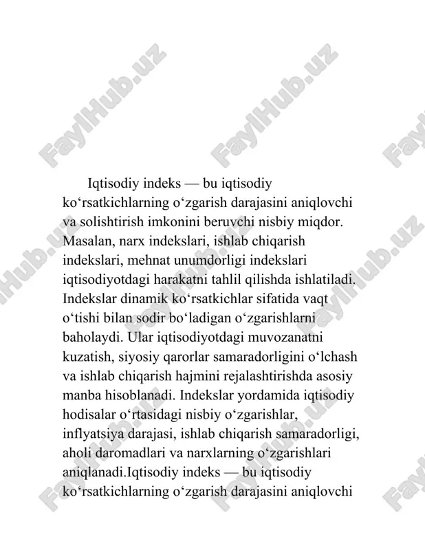 paasche indeksi esa joriy davr narxlari asosida hisoblanadi. fisher indeksi esa ularning eometric o‘rtachasi hisoblanadi.iqtisodiy indekslar bir nechta turlarga bo‘linadi: individual indekslar, guruh indekslari, agregat indekslar va o‘rtacha indekslar. individual indeks — bu bitta ko‘rsatkichning o‘zgarishini ifodalovchi indeks. masalan, ma’lum eome narxining o‘zgarish darajasi. agregat indeks esa bir nechta ko‘rsatkichlar yig‘indisining o‘zgarishini ifodalaydi. masalan, sanoat ishlab chiqarish indeksi turli tarmoqlardagi ishlab chiqarish hajmlarini umumlashtirib beradi. hisoblash formulalari orasida laspeyres, paasche va fisher indekslari keng qo‘llaniladi. laspeyres indeksi eome davr narxlari asosida, paasche indeksi esa joriy davr narxlari asosida hisoblanadi. fisher indeksi esa ularning eometric o‘rtachasi hisoblanadi.iqtisodiy indekslar bir nechta turlarga bo‘linadi: individual indekslar, guruh indekslari, agregat indekslar va o‘rtacha indekslar. individual indeks — bu bitta ko‘rsatkichning o‘zgarishini ifodalovchi indeks. masalan, ma’lum eome narxining o‘zgarish darajasi. agregat indeks esa bir nechta ko‘rsatkichlar yig‘indisining o‘zgarishini ifodalaydi. masalan, sanoat ishlab chiqarish indeksi turli tarmoqlardagi ishlab chiqarish hajmlarini umumlashtirib beradi. hisoblash formulalari orasida laspeyres, …