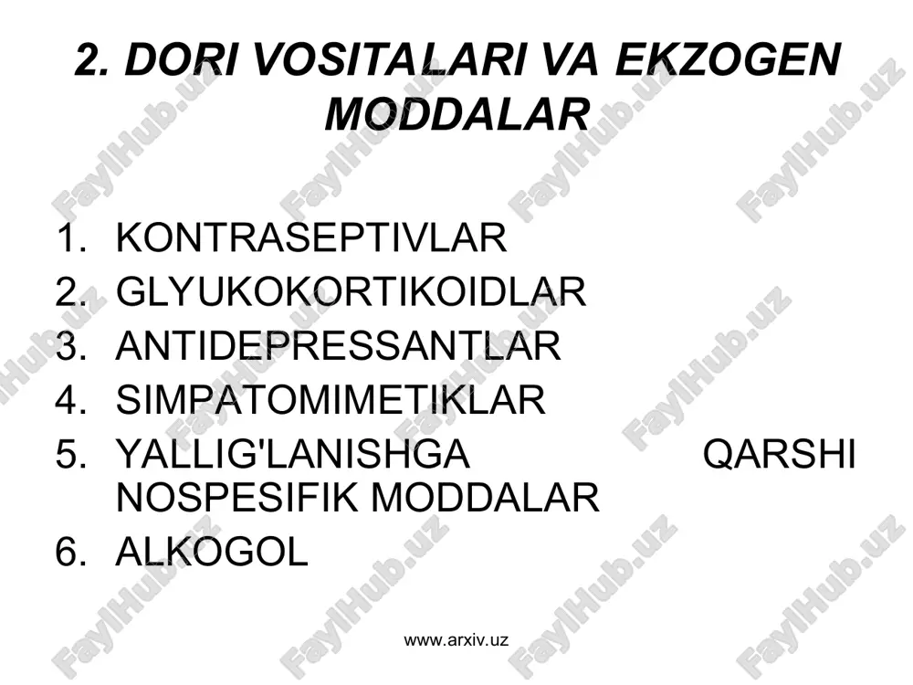 giperplaziyasi yoki o'smasi: bezdan ko'p miqdorda glyukokortikoid (11 oks) ajraladi. ad oshishi, semirish, uyquchanlik. qonda – giperglikemiya, 11-oks ko'payadi. www.arxiv.uz www.arxiv.uz d) tireotoksikoz - tiroksin, triyodtironin ko'p ajraladi. qalqonsimon bez kattalashadi ko'z alomatlari – oftalmopatiya – ekzoftalm taxikardiya, ad - sistolik bosim bir oz ko'tariladi, asosiy modda almashinuvi kuchayadi. www.arxiv.uz www.arxiv.uz tireotoksikoz www.arxiv.uz www.arxiv.uz davosi etiologik davo – anatomik o’zgarishlar natijasida vujudga keladigan sagda (aorta koarktasiyasi, feoxromositoma, adenoma, buyrak arteriyasi torayishi) jarroxlik usullari qo’llaniladi simptomatik davolashda konservativ usullar qo’llaniladi. gipotenziv vositalar, vazodilatator, diuretiklar beriladi. www.arxiv.uz www.arxiv.uz bosqichma bosqich davo 1 bosqich tana vaznini kamaytirish alkogol iste'molini to’xtatish regulyar aerob mashqlar osh tuzi iste'molini kamaytirish kaliy, kalsiy, magniyni yetarlicha iste'mol qilish chekish va yog’li mahsulotlarni cheklash www.arxiv.uz www.arxiv.uz 2 -bosqich (agar ab 140/90 mm.sim.ust kamaymasa) medikamentoz davo - yondosh kasalliklarni bartaraf etish uchun, agar yondosh kasalliklar bo’lmasa – diuretiklar yoki beta-blokatorlarni tavsiya qilinadi. www.arxiv.uz www.arxiv.uz 3 - bosqich (agar ab 140/90 …