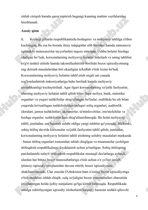 r o'rtasida bo'ladigan o'zaro munosabatlarni tartibga solish bilan bog'liq pul hisob - kitoblarini ifodalaydi. moliyaviy holat korxonani mablag' bilan ta'minlanganligi, barcha turdagi mablag'larni maqsadga muvofiq yo'nalishi va ulardan foydalanishning maqsadga muvofiqligi, budjet, bank, xomashyo yetkazib beruvchilar, xaridorlar va boshqa tashkilotlar bilan olib boriladigan hisob-kitob holati bilan xarakterlanadi. korxonani moliyaviy holati barqaror, nobarqaror va krizis darajasida bo'lishi mumkin. moliyaviy barqarorlikka ega bo'lgan korxonalarda ishchi va xizmatchilar bilan ish haqi, budjet, bank, mol yetkazib beruvchilar bilan bo'ladigan hisob - kitob ishlari o'z muddatida amalga oshiriladi. moliyaviy intizomga rioya qilmaslik, debitorlik va kreditorlik qarzlarni ortib ketishiga olib keladi va muddati uzaytirllgan qarularni surunkali davom etishi bankrotlik alomatlarini vujudga keltiradi. 2. korxonalarning moliyaviy holati bu - kompleks ravishdagi tushuncha bo'lib, o'z ichiga keng ko'rsatkichlar tizimini oladi, ular komonalarning moliyaviy resurslari borligini, holatini, joylashganligini va ulardan foydalanish darajasini ifodalaydi, korxonalar faoliyatidagi butun ishlab chiqarish va xo'jalik omillarining harakati, ularning o' zaro aloqadorlik natijasidir, korxonalarning mo'tadil …