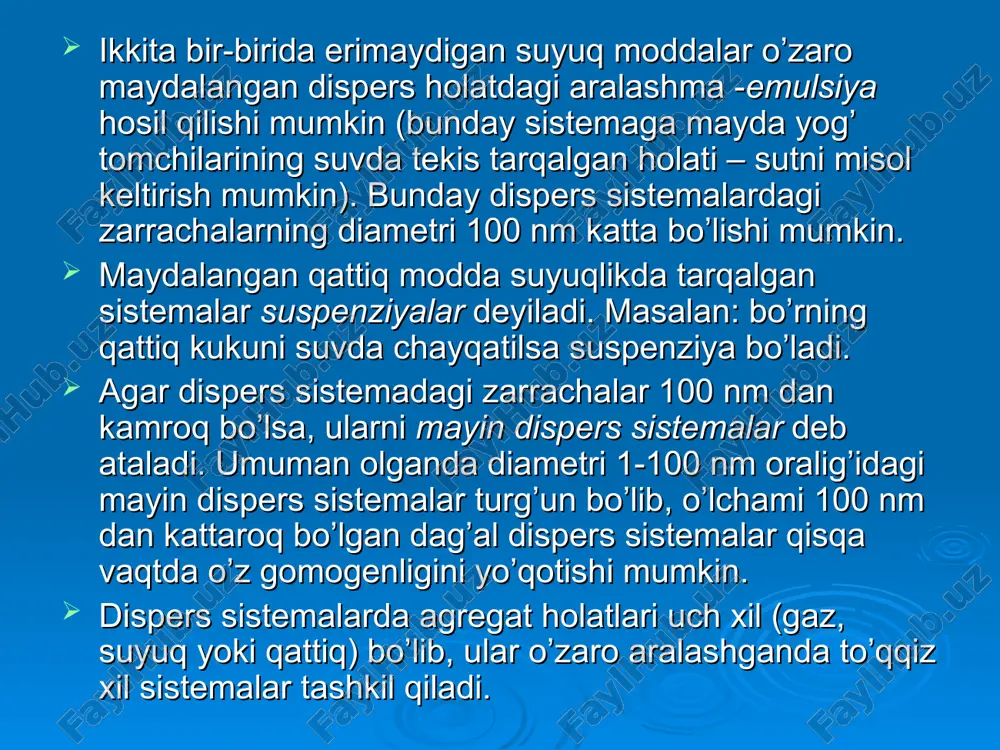 osim o’zgarganda kam o’zgaradi. osmos hodisasi va osmotik bosim. agar erituvchi bilan eritma o’rtasidagi yarim o’tkazgich parda qo’ysak, bu parda orqali erituvchi zarrachalari eritmaga o’tib, uni suyultira boshlaydi. erituvchi zarrachalarining yarim o’tkazgich parda orqali o’tish jarayoni osmos deyiladi. osmos hodisasi natijasida osmotik bosim kelib chiqadi. eritmalarning osmotik bosimi juda katta qiymatga ega bo’ladi. de-friz o’simliklarda o’tkazgan tajriba lariga ko’ra, ikki eritma o’zaro izotonik bo’ladi. de-friz ana shunday izotonik eritmalarni tayyorlash natijasida quyidagi qonunni topdi: bir xil temperaturada turli moddalarning bir xil molyar kontcentratciyada olingan eritmalari bir xil osmotik bosimga ega bo’ladi. boshqacha aytganda ekvimolekulyar eritmalar o’zaro izotonik bo’ladi. osmotik bosim qiymatini aniq o’lchash natijasida quyidagi ikki qoida kelib chiqadi: 1. eritmaning osmotik bosimi erigan modda kontcentratciyasiga to’g’ri proportcianal. 2. osmotik bosim eritmaning absolyuttemperaturasiga proportcianal. osmotik bosimni o’lchash natijalaridan kelib chiqib, 1886 yilda golland fizik-ximigi vant – goff o’z nazariyasini qonun tarzida ta`rifladi; agar erigan modda eritma temperaturasida gaz holatida holatida …