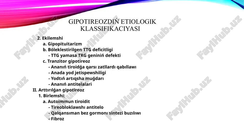 k grıjası gúzetiledi. eger anıq belgiler nárestede birinshi háptesinde payda bolsa, qalqansıman bezde gipotireozdıń aplaziya yamasa ótkir gipoplaziyaǵa tiykarlanǵan turaqlı formasına gúmanlanıwımız múmkin. klinikası náreste ıssılıqtı jaqsı uslap turalmaydı, geyde gipotermiya 35°c tan tómen boladı, bas terisi búrmesi qalıńlasadı, terisi qurǵaq, qopal, mramorlı boladı. kóbinese intensiv yamasa uzaq dawam etetuǵın sarılıq, ádetdegi emleniwge shıdamlı erte anemiya gúzetiledi. úlken ólshemdegi eńbek (kishi eńbektiń ólshemi 0,5 sm den artıq bolıwı, deni saw balalardıń 3 procentinen kóp bolmaydı). tekseriwde ortasha bradikardiya hám júrek tonları páseyiwi anıqlanıwı múmkin. muskullardıń musinozlı ısiwi kóbinese olardıń tonusınıń kúsheygenin kórsetedi. klinikası jas ótiwi menen tuwma gipoterioz belgileri kóbeyedi hám 3-6 aylıq jasda tolıq rawajlanadı. balanıń ósiwden artta qaladı salmaǵı áste qosıladı, biraq musinozlı ısık sebepli hesh qashan arıq bolıp kórinbeydi. fizikalıq dúzilisi proporcional emes: ayaq-qolları qısqa, denesi salıstırǵanda uzın, qol barmaqları keń, barmaqları qısqa boladı. fizikalıq dúzilisi proporcional emes: ayaq-qolları qısqa, denesi salıstırǵanda uzın, qol barmaqları keń, barmaqları …
