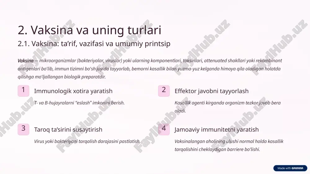 nadi. “seroprofilaktika” atamasi bilan zardob ishlatish kasallik tarqalishining oldini olish uchun tayyor antitelolar yuborish usulidir. 3.2. zardob turlari 1 manbaga ko‘ra homolog zardob (odamdan), geterolog zardob (hayvon manbali). 2 ma’nodorligiga ko‘ra oddiy (normal) zardob, immun (specific) zardob (masalan: difteriya antitoksin). 3 foydalanish maqsadiga ko‘ra seroterapiya (davolash), seroprofilaktika (oldini olish). 4 immunoglobulin tarkibiga ko‘ra igg boy, igm boy, mikst (aralash) zardoblar. misol: difteriya yoki tetanus kasalligi bo‘yicha oldingi kunlarda bemor tashxis qo‘yildi — darhol anti-difteriya yoki anti-tetanus zardobi yuboriladi (seroterapiya). 7 3.3. zardoblarning afzalliklari va kamchiliklari afzalliklari tezkor ta’sir: antitelolar darhol mavjud bo‘ladi, kasallik agenti bilan kurasha oladi. immuniteti yo‘q yoki zaif bemorlarda foydali bo‘lishi mumkin. masalan, tetanus og‘ir hollarda tetanus antitelni darhol yuborish muolajaga katta yordam beradi. kamchiliklari faqat vaqtinchalik himoya: antitel miqdori biroz vaqt o‘tib kamayadi (bir necha hafta). geterolog zardobda allergik reaktsiyalar (terta kuz, anafilaksiya) xavfi bo‘lishi mumkin. immunologik xotira hosil qilmaydi — keyinchalik bemor ayni agentga duch …