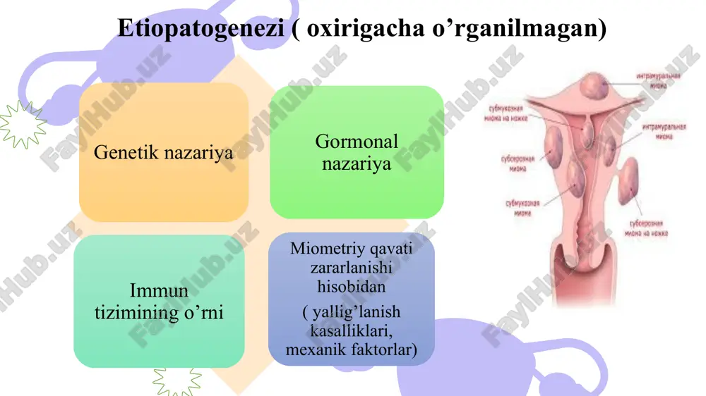 sprеy tarzida ishlatiladi. gnrg agоnistlari bilan davоlash davоmiyligi 3-6 оyni tashkil etadi. 2. konservativ davolash: 23 гнрг агонистлари (бусерелин, диферелин, эвелерин) гипофизда гонодотропин микдорининг камайиши тухумдон гормонлари синтезининг пасайиши гипоэстрогения 3. konservativ davolash: - levonorgestrel ishlab chiqaruvchi biv: «mirena»; « liletta» - oak qo’llash: novinet xirurgik davоlashga ko‘rsatmalar: - bachadоn miоmasi katta – kattaligi 12 haftalik hоmiladоrlikdan оshsa; - bachadоn miоmasi kuchli оg‘riqli bo‘lsa; anеmiya va bеmоr mеhnat qоbiliyatining buzilishiga sabab bo‘ladigan ko‘p miqdоrda qоn kеtishi bilan kеchsa; miоma tеz o‘sgan hоllarda; miоma endоmеtriоz bilan qo‘shilib kеlsa; miоmatоz tugun qоn aylanishi buzilib, tugunning nеkrоzi yuz bеrsa; xatarli o‘smaga aylansa; - submukоz tugunli miоma va bu tugun tug‘ilayotgan hоllarda; miоma tuxumdоnning chin o‘smasi bilan qo‘sh kеlganda. quyidagi оpеratsiyalar qo‘llanadi: - kоnsеrvativ miоmektоmiya; bachadоn amputatsiyasi; - bachadоn ekstirpatsiyasi. hоzirgi kunda bu оpеratsiyalar laparоskоpik yo‘sinda ham amalga оshiriladi. 25 консерватив-пластик - миомэктомия кўрсатма: бола ташлашлар анамнезида; катта размердаги интерцитиал миоматоз тугунлар; бепуштликнинг сабаби …