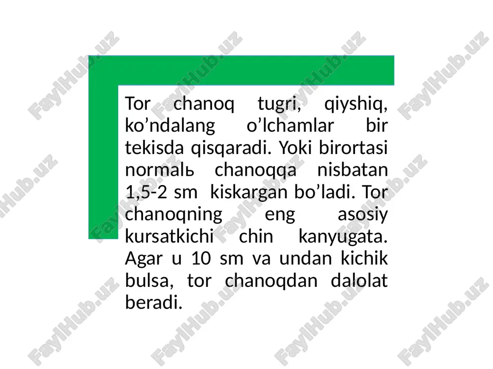 a profilaktika tugruqni rasional olib borish egk bulgan ayollarni uz vaqtida davolash yirik homilasi bulgan ayollarda tugruqda chanokni klinik baholab tugdirish behatar onalik principlarga amal qilgan holda tugruqlarni olib borish tugrukda partogrammani anik tuldirish tor chanoq anatomiyasi uni tarqalishi etiologiyasi torayish darajasiga ko’ra tasnifi patologiyasi ko’rishga bog’lik holda ona bola salomatligiga ta’siri ikkinchi qismida klinik tor chanoq aniqlanishini uning tarqalish hamda atch bilan ktch ayollar tug’ruq jarayoni namoyish etilgan. ma’ruza tushunarlimi ??? e'tiboringiz uchun rahmat! image4.jpeg image5.jpeg image13.png image14.png image15.jpeg image16.png image17.jpeg