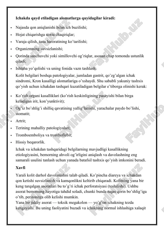 kam hollarda). yuqoridagi asoratlar, shuningdek, yarali kolitning ichakdan tashqi belgilari qatoriga ham kiradi. ba’zi bemorlarda ular kolitning birinchi belgilari sifatida kuzatilsa, boshqalarida xuruj davrida rivojlanadi. tashxislash faqatgina xarakterli belgilar bilan yarali kolitni tashxislab bo’lmaydi. mutaxassis barcha mumkin bo’lgan o’xshash alomatlar va keng tarqalgan patologiyalarni istisno qilish orqali ushbu kasallikning mavjudligini tasdiqlashi mumkin. yo’g’on ichak yarasini tashxislash quyidagilarni o’z ichiga oladi: · kolonoskopiya (biopsiya bilan, agar kerak bo’lsa, ta’sirlangan to’qimalarni o’rganish bilan); · leykotsitlar va eritrositlar (qizil qon hujayralari) sonini aniqlash uchun umumiy qon tahlili; · qon hujayralari, patogen mikrofloralar, parazit tuxumlari mavjudligini aniqlash uchun najasni tahlil qilish; · kontrastli rentgenografiya (og’ir holatlarda ichak devori teshilishini istisno qilish uchun tavsiya etiladi); · kt va / yoki mrt (agar ichakni to’liq vizualizatsiya qilish zarur bo’lsa). yo’g’on ichak yarasini davolash yarali kolitdan faqat jarrohlik yo’li bilan butunlay xalos bo’lish mumkin, ammo jarrohlik aralashuvi ham to’liq tiklanishni kafolatlamaydi. dori vositalari konservativ terapiyaning asosiy maqsadi …