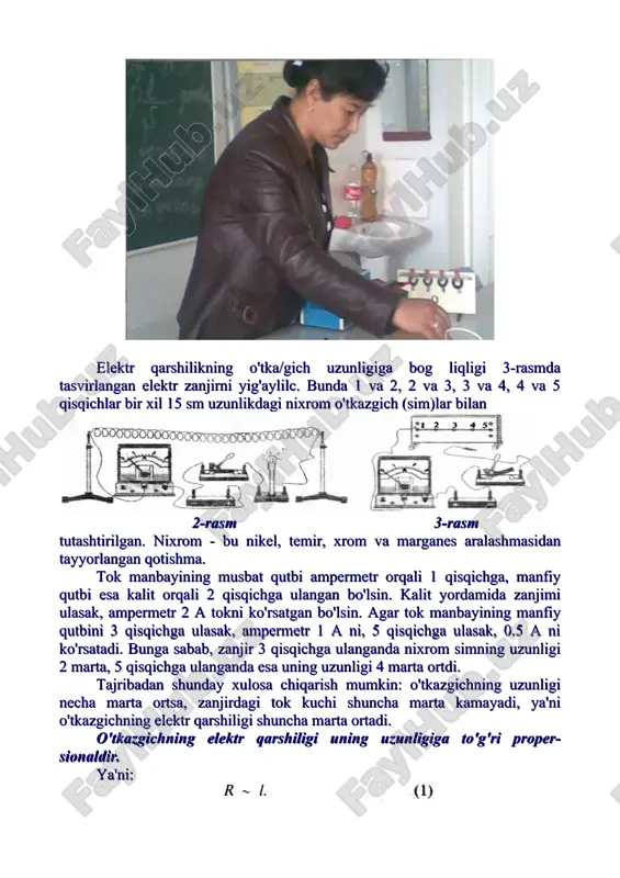 arshiligi uning uzunligiga to'g'ri proper-sionaldir. ya'ni: elektr qarshilikning o’tkazish ko’ndalang kesimida bog'liqligi. 4-rasmda tasvirlangan zanjirni yig'aylik. bunda 1,3,5 qisqichlar o'tkazgich mis sim orqali tutashtirilgan bo'lib, ular ampermetr orqali manbaning musbat qutbiga ulangan. 1 va 2 qisqichlarni, 3 va 4 qisqichlarni, 5 va 6 qisqichlarni bir-biri bilan 60 sm uzunlikdagi 3 ta bir xil nixrom sim bilan tutashtiraylik. manbaning manfiy qutbidan chiqqan o'tkazgichni 2 qisqichga mahkamlab kalitni ulasak, ampermetr 0,5 a tokni ko'rsatadi. manba 4 yoki 6 qisqichga ulansa ham zanjirdan 0,5 a tok o'tadi. endi 2 va 4 qisqichlarni tutashtiraylik. bu bilan nixrom simni ikki qavat qildik va uning ko'ndalang kesimi yuzini 2 marta oshirdik. manbani 4 qisqichga mahkamlab kalitni ulasak, ampermetr zanjirda 1 a tok o'tayotganini ko'rsatadi. agar 4 va 6 qisqichlarni ham tutashtirib tajribani qaytarsak, ampermetr 1,5 a tokni ko'rsatadi. bu gal biz nixrom simning ko'ndalang kesimi yuzini birinchi galdagiga nisbatan 3 marta oshirdik. tajribadan xulosa chiqarish mumkinki, …