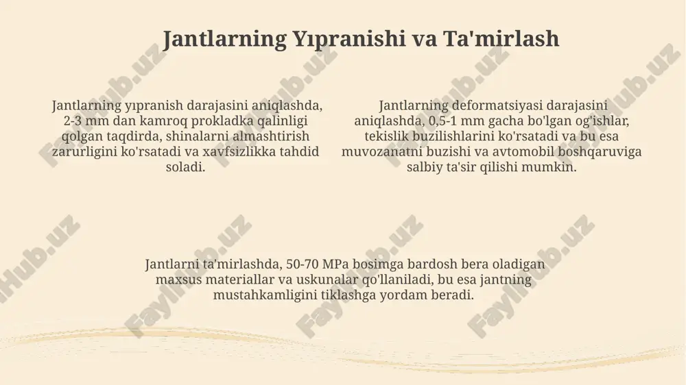 i) ularning chidamliligi va ishonchliligini belgilaydi, bu esa xavfsizlik uchun muhim ahamiyatga ega. jantlarning materiallari va ularning ta'siri karbon tolali jantlarning yuqori qattiqligi va 50% gacha engilligi tufayli boshqaruvni yaxshilaydi va avtomobilning dinamikasini oshiradi. alyuminiy jantlar po'lat jantlarga nisbatan 30% ga engilroq bo'lib, avtomobilning yoqilg'i sarfini kamaytiradi va tormozlash masofasini qisqartiradi. po'lat jantlarning narxi nisbatan arzonroq bo'lsa-da, ularning og'irligi 15-20 kg gacha yetishi mumkin, bu esa avtomobilning ishlash xususiyatlariga salbiy ta'sir ko'rsatadi. jantlarning tugashi turlari jantning tugashiga bog'liq holda, 2-3 mm gacha bo'lgan o'lchovli farqlar kuzatilishi mumkin, bu aniqlikni talab qiluvchi montaj ishlarida muhim ahamiyat kasb etadi. jantlarning tugash burchagi 15° dan 45° gacha o'zgarishi mumkin, bu esa kuchlanish va chidamlilik ko'rsatkichlariga ta'sir qiladi. jantlarning tugashi turlari orasida 3 asosiy tur mavjud: to'g'ri, qiya va egri, har biri o'ziga xos xususiyatlarga va ishlov berish usullariga ega. e'tiboringiz uchun rahmat @taqdimot_robot