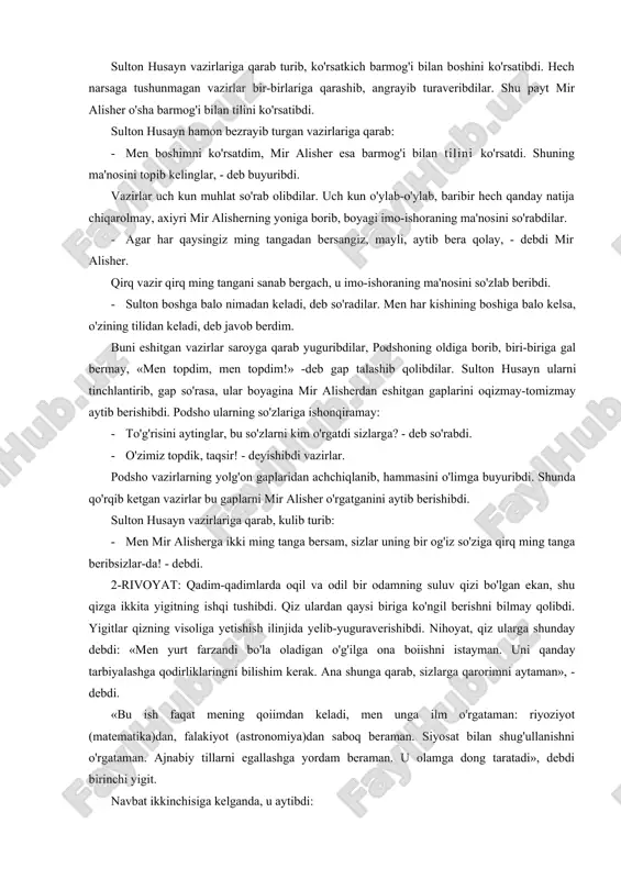 , uni yutib yuborish yoki raqibga «yumshoq hadis» bilan javob qilish uchun esa kishidan katta aql talab etiladi. xalqimiz deydi: so'zlovchi nodon bo'lsa, tinglovchi dono boiishi kerak; kim mard - o'zini-o'zi yenga olgan mard! bu ilmlarni, bunday axloqni biz sohibqiron amir temurdan, zahiriddin muhammad boburdan o'rganaylik. mirzo abdulqodir bedilda shunday ajoyib satrlar bor: har ko'zki, agar olmasa ibrat, ko'rdir, har luqma, agar bermasa lazzat, sho'rdir. har tun, agar o'zgarmasa, to'nmas, u kafan. har xonaki, birdek turaversa, go'rdir. achchiqni achchiq kesadi, deydilar. lekin hamma vaqt ham shunday bo'lavermaydi. achchiq achchiqni... chaqiradi. achchiqqa qarshi achchiq qo'llasangiz, hammayoq battar taxirlashib ketadi. hadisi sharifda aytiladi: «agar birov sizni sizda yo'q ayblar bilan ayblasa, siz uni unda bor ayblar bilan ayblamang». zero, i.a.karimov ta'kidlaganlaridek, «g'oyaga qarshi faqat g'oya, fikrga qarshi fikr, jaholatga qarshi faqat ma'rifat bilan kurashish zarur». yuqoridagi fikrlardan ko'rinib turibdiki, so'zning ta'siri benihoya katta. bu o'rinda quyidagi rivoyatlarni keltirish mumkin. 1-rivoyat: kunlardan bir …