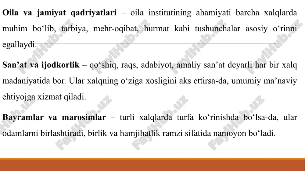 ilish va jamiyatga xizmat qilish kabi umumiyliklar barcha xalqlarni yagona insoniyat oilasi sifatida birlashtiradi. madaniyat xilma-xilligi insoniyatning eng katta boyligi bo‘lib, xalqlar o‘rtasida o‘zaro tushunish, hurmat va hamkorlikni ta’minlovchi kuchdir. e’tiboringiz uchun raxmat image2.jpeg image3.jpeg image4.jpeg image5.jpeg image6.jpeg /docprops/thumbnail.jpeg