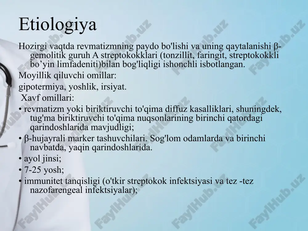tokokli kultura yoki ijobiy streptokok antigen testi. streptokokka qarshi antitanalar titrining ko'tarilishi (asl-o, anti-dnk-aza β) laborator: o'tkir davr ko’rsatkichlarining namoyon bo’lishi; echt (> 30 mm / soat); c-reaktiv oqsil instrumental: ekgda pq intervalining uzayishi (> 0,2 s); exokgda mitral va / yoki aortal regurgitatsiya belgilari diagnostika o’ri tashxisini qo'yish uchun kissel-jons mezonlari qo'llaniladi (rra tomonidan o'zgartirilgan, 2003) o’ri tashxisini qo'yish mumkin, agar: ikkita "katta" mezon yoki bitta "katta" va ikkita "kichik" davolash. 3-etapli 1-etap – stasionar bulimida. 2-etap – poliklinika kardiorevmatolog nazoratida. 3-etap – sanator kurort davolanish. parxez davolanish 10 stol. etiotrop (mikroblarga qarshi) terapiya benzilpenitsillin 1,5-4 million tb/sut o'smirlar va kattalarda va 400.000-600.000 tb bolalarda 10 kun, so'ngra benzatin benzilpenitsillinga o’tish penitsillin preparatlarini ko’tara olmaslik holatlarida, makrolidlar yoki linkozamidlar patogenetik (yallig'lanishga qarshi) davolash 1. glyukokortikosteroidlar 2. nonsteroid yallig'lanishga qarshi dorilar prednizolon (metilprednizolon) asosan bolalarda qo'llaniladi, ayniqsa og'ir kardit va poliserozit bilan kuzatilganda. preparat terapevtik ta'sirga erishilgunga qadar, odatda 2 …