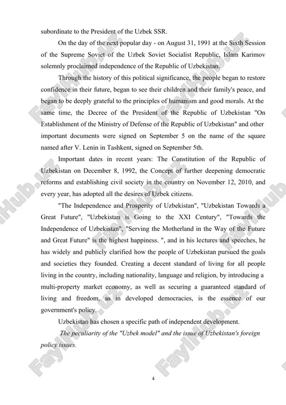 on november 12, 2010, and every year, has adopted all the desires of uzbek citizens. "the independence and prosperity of uzbekistan", "uzbekistan towards a great future", "uzbekistan is going to the xxi century", "towards the independence of uzbekistan", "serving the motherland in the way of the future and great future" is the highest happiness. ", and in his lectures and speeches, he has widely and publicly clarified how the people of uzbekistan pursued the goals and societies they founded. creating a decent standard of living for all people living in the country, including nationality, language and religion, by introducing a multi-property market economy, as well as securing a guaranteed standard of living and freedom, as in developed democracies, is the essence of our government's policy. uzbekistan has chosen a specific path of independent development. the peculiarity of the "uzbek model" and the issue of uzbekistan's foreign policy issues. this path …
