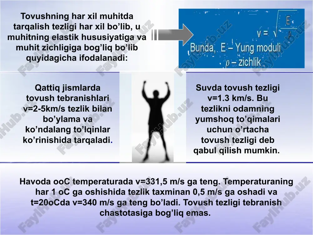 ladi. u tovush tebranishlarini elektrk tebranishlarga aylantirib beruvchi mikrofondan, kuchaytirgich, to’g’irlagich va detsimetrlarda darajalangan mikroampermetrdan iborat. chastotasi 20 kgs dan katta bo’lgan, bo’ylama to’lqin sifatida tarqaluvchi elastik tebranishlarni ultratovush deyiladi dut >> dt ni hisobga olganda amalda qo’llaniladigan ultratovush intensivligi tovush intensivligidan bir muncha kattaroqdir. ultratovushning yuqori chegarasi chegaralanmagan. tovush va ultratovush to’lqinlarining tezliklari taxminan bir xildir. образец текста второй уровень третий уровень четвертый уровень пятый уровень ultratovushning yuqori chastotali to’lqinlarini generatsiyalash uchun teskari pezoelektro effekt xodisasidan foydalaniladi, ya’ni yuqori chastotali elektor maydoniga joylashtirilgan kristal plastinkasini galma-galdan uzaytirish va qisqartirishadan foydalaniladi. kvars, segnet tuzi, bariy titan kabi kristallarni ishlatish mumkin.. plastinkaning tebranishi atrofidagi gaz yoki suyuqlik muhitida elastik ut to’lqinini hosil bo’ladi. ut moddaga ta’siri (to’qimaga) ut keltirib chiqaradigan zarrachalarning quyuqlashishi va siyraklashishi natijasida deformatsiyalarning hosil bo’lishiga bog’liq bo’ladi. bu deformatsiyalar ut ning quvvatiga qarab yemiruvchi yoki kichik ta’sirlovchi xususiyatga ega bo’lishi mumkin.. image2.wmf image3.wmf image4.jpeg image5.jpeg image6.jpeg image7.png image8.wmf …