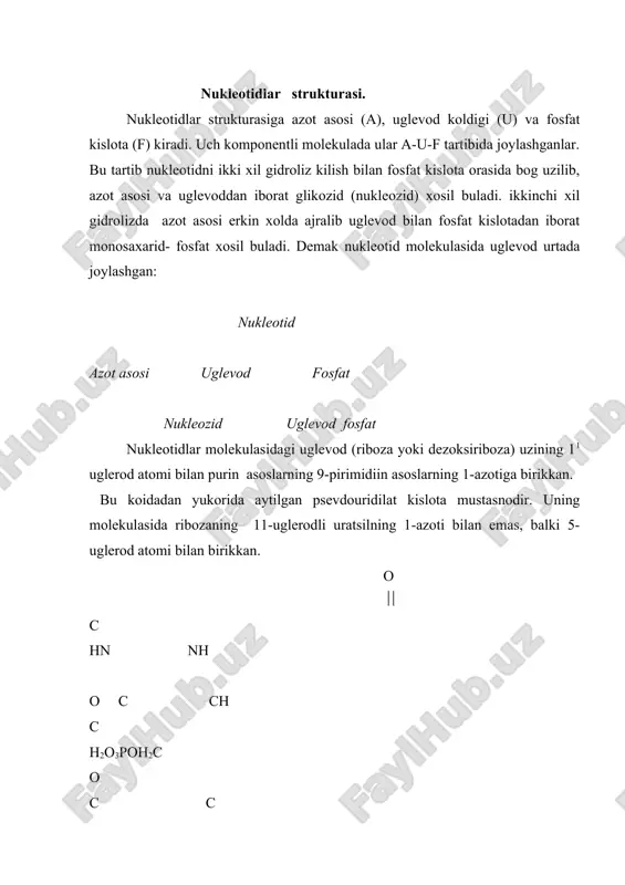 ajratib olinadi va ularda nukleotidlar tartibi belgilanadi. nuklein kislotalarda assoslarning birin-ketin kelishini aniklash usuli senger va gilbert tomonidan mukammal ishlab chikilgan. bu usul rnk va dnk ning polipeptid zanjirlari kanchalik uzun bulmasin ularning tuzilishini batafsil urganish imkoniyatini beradi. uz kashfiyotlari uchun senger va gilbert 1980 yilda nobel mukofotiga sazovor bulganlar. dnk strukturasi. dezoksiribonuklein kislota barcha tirik organizmlarda va bir kancha viruslarda mavjud. u genetik (nasli) informatsiyani saklaydi va avloddan-avlodga uzatadi. nuklein kislotalarning tuzilishi eng sodda tirik organizmlar- prokariotlarda tularok urganilgan. prokariotlar katoriga bakteriyalar, kuk-yashil usimliklar, mikroplazmalar kiradi. ularda membrana bilan chegaralangan yadro bulmaydi, bir donagina xromosomasi yagona dnk molekulasidir. dnk molekulasining birlamchi strukturasi birin-ketin joylashgan dezoksiribozonukleotidlar katoridan iborat. yukorida aytilgani kabi azot asoslaridan dnk tarkibiga a,g,ts va t kiradi. dnk molekulasida nukleotidlar nisbati chargaff koidasiga buysunadi. lekin azot asoslari mikdoridagi farklar at va gts juftlari nisbatining uzgarishida yaxshi kuzatiladi.