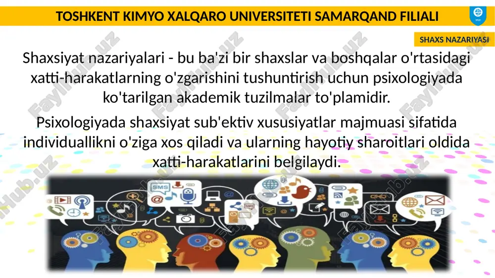 oldindan bilishga ham intiladi. shaxs nazariyasi toshkent kimyo xalqaro universiteti samarqand filiali shaxsiyat nazariyalari tadqiqotchilar va nazariyotchilarga inson mavzusining mohiyatini tushunish imkoniyatini beradi, ular doimo so'raydigan ritorik savollarga javob topishga yordam beradi. shaxs - bu ko'p qirrali tuzilma va inson xatti-harakatlarining indivudalligini, vaqtinchalik va situatsion barqarorligini ta'minlaydigan ko'p qirrali psixologik xususiyatlar tizimidir. shaxs nazariyasi toshkent kimyo xalqaro universiteti samarqand filiali e'tiboringiz uchun rahmat!!! shaxs nazariyasi image1.png image2.png image3.jpeg image4.png image5.jpeg image6.jpeg image7.jpeg image8.jpeg image9.jpeg image10.jpeg image11.png image12.jpeg image13.jpeg image14.jpeg image15.jpeg image16.png image17.jpeg image18.jpeg image19.jpeg image20.jpeg healthcare,concept,of,professional,psychologist,doctor,consult,in,psychotherapy,session /docprops/thumbnail.jpeg