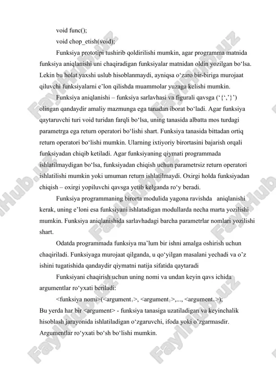 hi boshlanadi. quyidagi rasmda bosh funksiyadan boshqa funksiyalarni chaqirish va ulardan qaytish sxemasi ko‘rsatilgan. 1-rasm. bosh funksiyadan boshqa funksiyalarni chaqirish va qaytish programma main() funksiyasini bajarishdan boshlanadi va “f1(x,y);” – funksiya chaqirishgacha davom etadi va keyinchalik boshqaruv f1(x,y) funksiya tanasidagi amallarni bajarishga o‘tadi. bunda radius parametrining qiymati sifatida funksiya x o‘zgaruvchi qiymatini, symbol parametri sifatida y o‘zgaruvchisining qiymati ishlatiladi. funksiya tanasi return operatorigacha bajariladi. return operatori boshqaruvni main() funksiyasi tanasidagi f1() funksiyasi chaqirilgan operatordan keyingi operatorga o‘tishni ta’minlaydi, ya’ni funksiyadan qaytish ro‘y beradi. shundan keyin main() funksiyasi operatorlari bajarilishda davom etadi va “f2(a,b,c);” – funksiya chaqirishi orqali boshqaruv f2() funksiya tanasiga o‘tadi va hisoblash jarayonida mos ravishda yesno sifatida a o‘zgaruvchisining, cout sifatida o‘zgaruvchisining va key sifatida c o‘zgarchuvchisining qiymatlari ishlatiladi. funksiya tanasidagi return operatori yoki oxirgi operator bajargandan keyin avtomatik ravishda bosh funksiyaga qaytish amalga oshiriladi. aksariyat hollarda main() funksiyasining parametrlar ro‘yxati bo‘sh bo‘ladi. agar programmani ishga tushirishda, buyruq …
