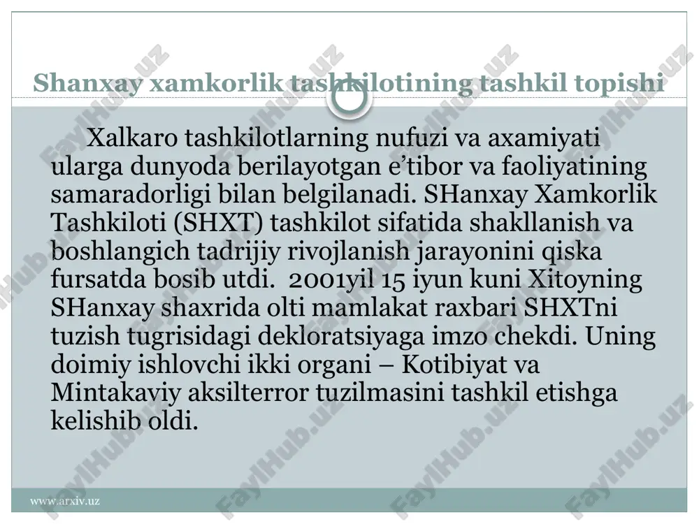 xiv.uz havfsizlik taminlash harbiy-siyosiy soha barqarorligini taminlash terrorizmga qarshi kurashish choralarini kurish iqtisodiy masalalar iqtisodiy haqmkorlikni yo`lga qo`yish makro iqtisodiyot faoliyatini rivojlantirish terrorizm masalasi bo`yicha: ma’lumki, butun dunyoda terrorchilik kuchaymokda. yadroviy, kimyoviy, biologik, elektron terrorchilik xavfi paydo buldi. shularni xisobga olgan xolda, shxt egallagn mintakada taxdidlarni oldini olish uchun yaxlit bir tizim, umumiy mexanizm ishlab chikish maksadga muvofikdir. tashkilot xavfsizlikni mustaxkamlash borasida amaliy xamkorlikni rivojlantirayotganini ta’kidlash joiz, toshkentda rasman ochilgan mintakaviy aksilterror tuzilmasi zimmasiga axborot almashish, chegara va bojxona kumitalarining, maxsus xizmatlarning xamkorligini muvofiklashtirish, shu orkali terrorchilikning oldini olish vazifasi yuklangan. www.arxiv.uz quyida tashkilotning xar yilgi davlat rahbarlari yig`ilishlari : www.arxiv.uz 14-15 iyun 2001 yil, xitoy - shanxay 7-iyun 2002 yil, rossiya - sank-peterburg 28-29 may 2003 yil rossiya - moskva a`zo davlatlar boshliqlari www.arxiv.uz www.arxiv.uz 17-iyun 2004 yil o`zbekiston - toshkent 5-iyun 2005 yil qozog`iston – ostona 14-15 iyun 2006 yil xitoy - shanxay muhokamalar jarayoni www.arxiv.uz www.arxiv.uz 16-avgust …