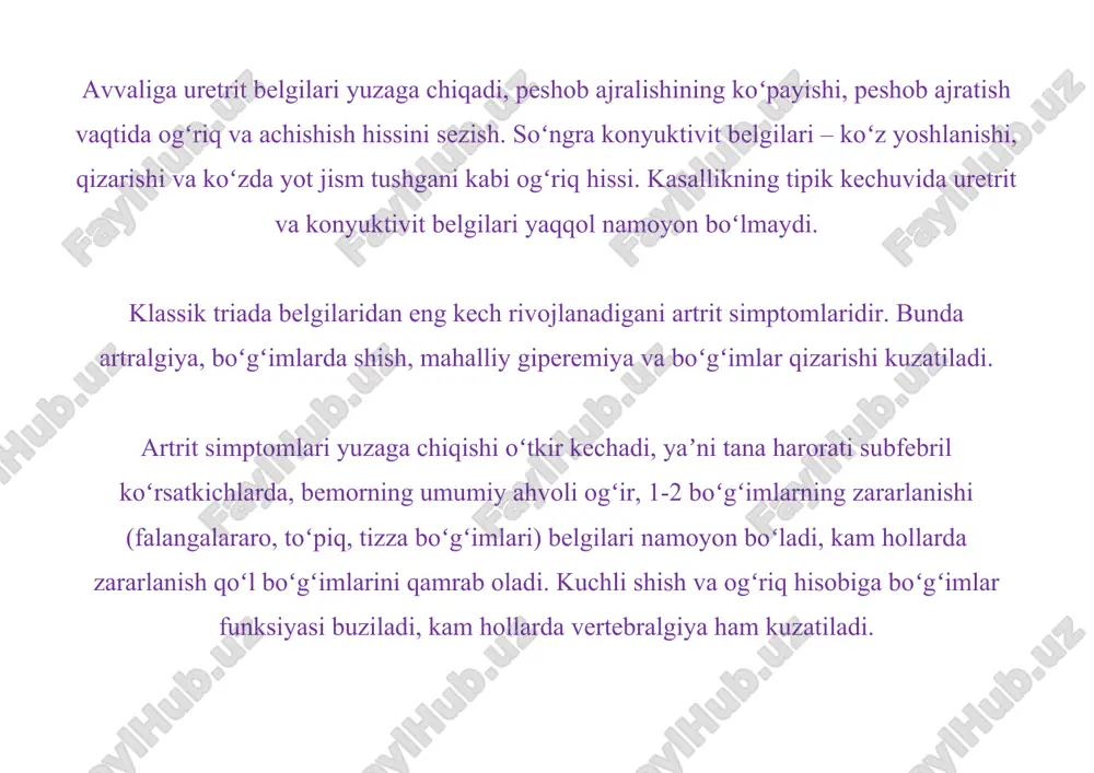 uruj qilib turadi. 5 % bemorlarda reaktiv artritning ogʻir koʻrinishi kuzatiladi, bunday insonlarda boʻgʻimlar destruksiyasi va funksiyasining buzilishi kelib chiqadi. ushbu maqolani ham o‘qing: toksoplazma – xavfli yo‘lovchi reaktiv artritning profilaktikasida birlamchi infeksion kasalliklarni davolash zarur boʻladi, masalan ichak infeksiyalari – salmonella, iyersinioz, dizenteriya, siydik ayirish tizimida – xlamidioz kabi infeksion kasalliklar. reaktiv artrit nima? reaktiv artrit - bu infektsiya tufayli yuzaga keladigan artritning bir turi. artrit - bu bo'g'inlar yallig'langan va og'riqli bo'lganda. reaktiv artrit yuqumli emas. u ilgari reyter sindromi sifatida tanilgan. bu ayollarga qaraganda erkaklarga ko'proq ta'sir qiladi. ko'pincha 20 yoshdan 50 yoshgacha rivojlanadi. reaktiv artritga nima sabab bo'ladi? reaktiv artrit yuqumli emas, ammo yuqumli ba'zi infektsiyalar tufayli kelib chiqadi. ko'pincha kasallikni keltirib chiqaradigan infektsiyalar jinsiy aloqa orqali, chlamydia trachomatis bakteriyasi orqali tarqaladi. bu siydik pufagi, siydik pufagi, jinsiy olat yoki vaginada infektsiyani keltirib chiqarishi mumkin. reaktiv artritni keltirib chiqarishi mumkin bo'lgan boshqa infektsiyalar salmonella kabi ichakni …