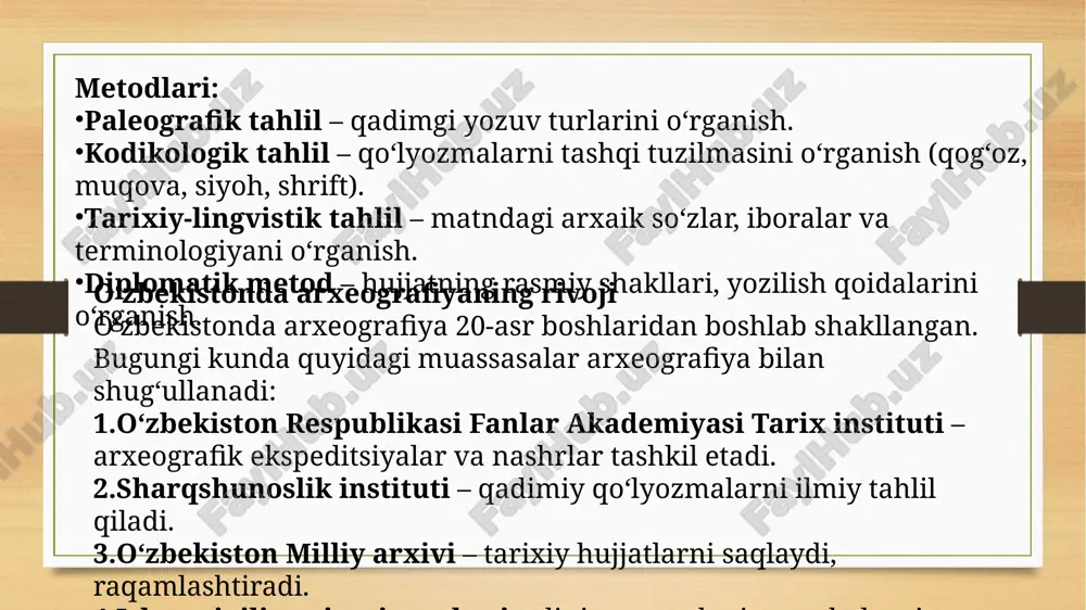 sus arxeografik hisobotlarda e’lon qilinadi. 🗺️ misol: “farg‘ona vodiysidagi qadimiy yozma manbalar” ekspeditsiyasi — unda qadimiy arabcha yozilgan qarorlar va vasiyatnomalar topilgan. arxeografiyaning amaliy ahamiyati: tarixiy voqealarni haqqoniy yoritadi. madaniy merosni saqlashga xizmat qiladi. milliy o‘zlikni anglashga yordam beradi. ilmiy izlanishlarga asos bo‘ladi (magistratura, doktorantura uchun). sayyohlik, muzeylar, madaniy tadbirlarda qo‘llaniladi. e’tiboringiz uchun rahmat! image7.jpeg image8.jpeg image9.jpeg image10.jpeg image3.png image4.png