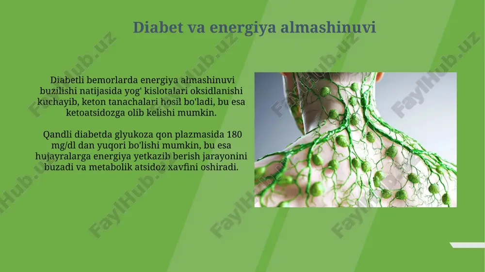 dan 2 atp molekulasi hosil bo'ladi. energiya almashinuvi va sog'liq sog'lom ovqatlanish va muntazam jismoniy mashqlar energiya almashinuvi jarayonlarini optimallashtiradi, metabolik sindrom va semirish xavfini 30% ga kamaytiradi. organizmda energiya almashinuvi jarayonlarining 85% dan ortig'i mitoxondriyalarda, hujayra "energiya stansiyalari"da sodir bo'ladi, bu esa sog'lom hujayra faoliyati va umumiy salomatlik uchun muhimdir. krebs sikli (sitrat kislota sikli) krebs siklida 8 ta fermentativ reaksiya mavjud bo'lib, ular sitratning oksidlanishi va co2 ning chiqarilishi orqali asetil-koa ning ikki uglerodli birligini to'liq oksidlaydi. α-ketoglutarat dehidrogenaza kompleksi krebs siklining muhim regulyator fermentlaridan biri bo'lib, uning faoliyati nadh/nad+ nisbati va suktsinil-koa darajasi bilan boshqariladi. atf sintezi mexanizmlari atf sintezining fermentativ bosqichi 5 ta asosiy ferment kompleksini o'z ichiga oladi va protonlarning mitoxondriya membranasi bo'ylab gradiyentidan foydalanadi. atf sintezi uchun zarur bo'lgan energiya substrat darajasidagi fosforillanish va oksidlovchi fosforillanish jarayonlari orqali ta'minlanadi, bu jarayonlar 32 atf molekulasini hosil qiladi. e'tiboringiz uchun rahmat @taqdimot_robot image1.jpg image2.jpg image3.jpg image4.jpg …