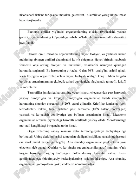 itizm bu har xil turdagi organizmlarning biotik aloqalar shakli bo’lib, unda bulardan bittasi boshqasining hisobiga, uning tanasi ichida (endoparazitizm) yoki tashqarisida (ektoparazitizm) yashaydi. parazit bilan organizm egasi orasidagi aloqaning uzoq davom etishiga bog’liq holda doimiy parazitizm yoki statsionar va vaqtinchalik parazitizimlarga ajratiladi. parazitizmning mezoni uning o’ziga xosligi hisoblanib, ya‘ni evolyutsion mexanizm moslashishi hisobiga kun kechiradi. raqobat – bu turlararo va turlar ichidagi shunday munosabatki, bunda populyatsiyalar (alohida tur) oziqlanish va yashash muhitining sharoitlari uchun bir-birlari bilan kurashadi. populyatsiyalar me‘yor chegarasigacha o’sganda ichki fiziologik mexanizmlar regulyatsiyasi harakatga keladi : alohida turlarning o’limi ko’payadi, nasldorligi kamayadi, ruhiy tanglik holati (stress) paydo bo’ladi (janjallar, kannibalizm va boshqalar). fe‘l-atvorli tartibga solish (hududiy va guruhli) muhim ahamiyat kasb etadi. hududiy fe‘l-atvorli tartibga solish ichki raqobat shaklini ifodalaydi, yashab turgan hududidan foydalanishni boshqarish, populyatsiyaning ko’payishini chegaralab turadi. guruhli fe‘l-atvorli tartibga solish turli yoshdagi alohida turlarning kichigidan – kattasiga qarab oziqalarini hal qilishni ifodalaydi. turlarning evolyutsiyasida raqobatli …