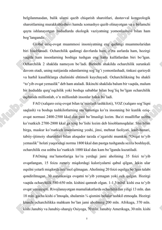tlarda ocharhilikdan yiligi 13 mln. dan 18 mln. gacha kishi o’lmoqda, shularnin ¾ qismini bolalar tashkil etmoqda. hozirgi kiunda ocharchilikka mahkum bo’lan jami aholining 200 mln. afrikaga, 370 mln. kishi janubiy va janubiy-sharqiy osiyoga, 70 mln. janubiy amerikaga, 30 mln. kishi yaqin va o’rta sharq regionlariga to’g’ri keladi. yuqoridagi malumotlar hatto juda katta miqdordagi oziq-ovqat yordam ko’rsatish bilan ham hal etib bo’lmaydi. buning uchun rivojlanayotgan mamlakatlar iqtisodiy qoloqlikdan chiqarish, iqtisodiy-ijtimoiy taraqqiyotini ta’minlash, qishloq xo’jaligini ko’rsatish zarur. hozirgi vaqtda inson faoliyati ta'sirida biosferaning cfzgarishi juda tezlik bilan borayapti. inson yer kurrasining qiyofasini o'zgartirishda katta geologik kuch sifatida vujudga kelganini v.i.vernadskiy tomonidan takidlab o'tilgan edi. insonning tabiiy jarayonlardan noto'g'ri foydalanishi natijasida xx asrning o'rtalarida ekologik muammolar juda avj olib ketdi. ekologik muammo deganda insonning tabiatga ko’rsatayotgan ta'siri bilan bog^liq xolda tabiatning insonga aks ta'siri, ya'ni uning iqtisodiyotida, hayotda xo'jalik ahamiyatiga molik bo’lgan jarayonlar, tabiiy xodisalar bilan bog'liq bo’lgan har qanday xodisa tushuniladi. …