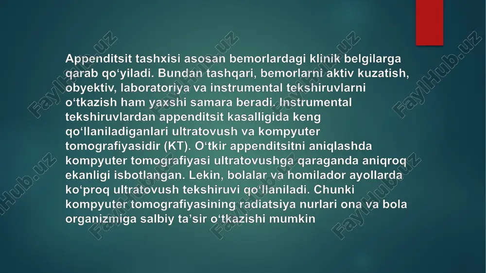 yonbosh sohasiga qarab tez sirpanuvchi harakat yuzaga keltiriladi va qoʻl uchlari qorindan olinmay turiladi. rovsing simptomi — tebranuvchi palpatsiya bilan chap yonbosh sohasiga tegilganda, oʻng yonbosh sohasida ogʻriqning kuchayishi[. sitkovskiy (rozenshteyn) simptomi — tekshirilayotgan odam chap tomonga yonboshlab yotganida, oʻng yonbosh sohasida ogʻriq kuchayishi[44]. bartomier-mishelson simptomi — chap yonboshi bilan yotgan bemorning oʻng yonbosh sohasi palpatsiya qilinganda ogʻriqning kuchayishi[41]. psoas simptomi — shuningdek, „obraztsov belgisi“ sifatida ham tanilgan. bemor chalqancha yotgan holatida oʻng yonbosh sohasiga oʻng qoʻl bilan eng ogʻriqli soha bosib turilib, shu vaqtning oʻzida bemorga oʻng oyoqni 30° ga tizzani bukmasdan koʻtarishi soʻraladi. bunda ogʻriq kuchayadi[40]. dunfi simptomi — bemordan yoʻtalganda oʻng yonbosh sohasida ogʻriqning kuchayishi[45]. gamburger simptomi — bemor ovqat eyishni rad etadi[ ultratovush tekshiruvi: qorin boʻshligʻi ultratovush tekshiruvi, ayniqsa doppler sonografiya appenditsitni aniqlash uchun samarali usul hisoblanadi. ultratovush tekshiruvi oʻng yonbosh boʻshligʻida erkin suyuqlik toʻplanishini, rangli doppler yordamida esa appendiksdagi qon oqimini koʻrish mumkin[57]. baʼzi hollarda …