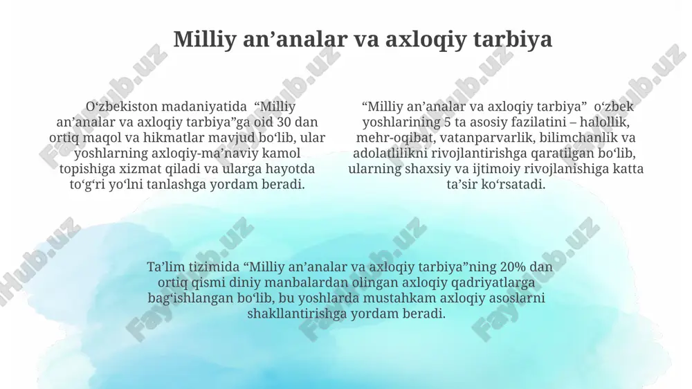 liyat tuyg'usini rivojlantirishga yordam beradi, bu esa jamiyat taraqqiyoti uchun muhim omil hisoblanadi. so'nggi 10 yilda o'zbekistonda diniy ekstremizm bilan kurashish borasida sezilarli yutuqlarga erishildi, ammo yoshlarni diniy ekstremizm g'oyalaridan himoya qilishda diniy axloqiy tarbiyaning roli beqiyosdir. islom axloqining asosiy tamoyillari adolat, halollik, saxovatlilik kabi 3 ta asosiy fazilat islom axloqining muhim tarkibiy qismlarini tashkil etib, yoshlarda axloqiy-ma’naviy kamol topishiga xizmat qiladi. islom axloqiy qoidalari, 10 ta asosiy amr va taqiqlar orqali ifodalangan holda, yoshlar uchun hayotning barcha sohalarida axloqiy me’yorlarni o'rgatishda muhim rol o'ynaydi. islom axloqining asosiy tamoyillaridan biri – 5 ta asosiy ibodat (namoz, roʻza, zakot, haj, tavhid) orqali shaxsning ma’naviy poklanishi va ijtimoiy mas’uliyatini kuchaytirishdir. davlat siyosati va diniy axloqiy tarbiya davlat siyosati, 2020-yildan boshlab, diniy ekstremizmga qarshi kurashda axloqiy tarbiyaning ahamiyatini 30% ga oshirishga qaratilgan dasturlarni amalga oshirdi. o'zbekiston respublikasining konstitutsiyasi va qonun hujjatlarida diniy bag'rikenglik va axloqiy qadriyatlarni rivojlantirishga oid 5 dan ortiq moddalar mavjud. …
