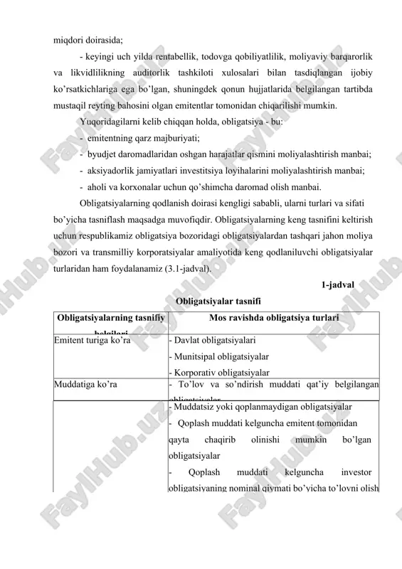 rish huquqi bilan joylashtiriluvchi obligatsiyalar · emitentga to’lovni uzaytirish huquqini beruvchi qoplash muddati uzaytirilgan obligatsiyalar egalik qilish huquqi bo’yicha · nomi yozilgan, emitent reyestr kitobida va obligatsiya muqovasida obligatsiya egasining nomi kiritiladigan obligatsiyalar. · taqdim qiluvchiga, obligatsiya egasi taqdim etgan hujjat evaziga. obligatsiya maqsadiga ko’ra · oddiy, turli loyihalarda foydalanishi ko’zda tutilgan qo’shimcha moliyaviy resurslar jalb qilish maqsadida emissiya qilingan obligatsiyalar · maqsadli, joylashtirishdan tushgan mablag’lar aniq investitsion loyihalarni moliyalashtirishga yo’naltiriladigan obligatsiyalar (infratuzilma obligatsiyalari) joylashtirish shakli bo’yicha · erkin joylashtiriladigan obligatsiya zayomlari · qat’iy joylashtirish sharti bilan emissiya qilinadigan obligatsiyalar nominal qoplanish sharti bo’yicha · nominal summa bir marta qoplanadigan obligatsiyalar · belgilangan vaqt oralig’ida nominal summadan ulushli to’lovli obligatsiyalar · obligatsiyalar umumiy sonidan izchil ravishda qat’iy belgilangan to’lovli obligatsiyalar (lotoreyalar, tirajli zayomlar) emitent tomonidan obligatsiyalar bo’yicha turli to’lovlar amalga oshirilishiga ko’ra · qat’iy belgilangan daromad keltiruvchi va qoplanish muddati oxirida nominal summa ham qaytarilishi kafolatlanadigan obligatsiyalar · kuponsiz yoki …