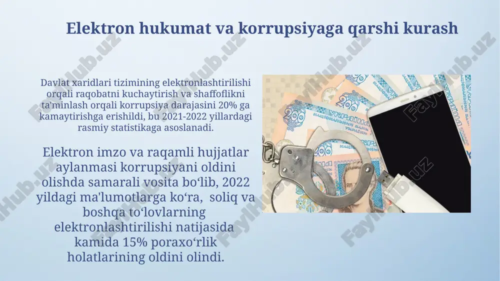exanizmlari elektron hukumat tizimini joriy etish orqali byurokratiyani kamaytirish va shaffoflikni oshirish, davlat xizmatlarini olish jarayonlarini soddalashtirish orqali korruptsiya darajasini pasaytirishga qaratilgan 50 dan ortiq loyiha amalga oshirilmoqda. oʻzbekiston respublikasining jinoyat kodeksida korruptsion jinoyatlar uchun 3 yildan 15 yilgacha ozodlikdan mahrum qilish jazosi belgilangan, bu esa korruptsiyaga qarshi kurashda qatʼiy choralar koʻrilganligini koʻrsatadi. korrupsiya bilan bogʻliq jinoyatlarga qarshi kurash davlat xizmatchilarining mulkiy deklaratsiyalarini majburiy taqdim etish tizimi korrupsion xatti-harakatlarni aniqlash va oldini olishda muhim rol o'ynaydi, bu tizim yiliga o'rtacha 1000 dan ortiq buzuvchilik holatini aniqlaydi. korrupsiya bilan bog'liq jinoyatlar uchun jazo muddati, ayblanuvchining lavozimiga va jinoyatning og'irligiga qarab, 3 yildan 15 yilgacha ozodlikdan mahrum qilishni o'z ichiga oladi. huquqiy asoslar va qonun hujjatlari davlat xaridlari to'g'risidagi qonun hujjatlarida tenderlarning ochiqligi va raqobatbardoshligini ta'minlash uchun kamida 3 ta taklif taqdim etilishini majburiy qilish kabi choralar ko'zda tutilgan. o'zbekiston respublikasining jinoyat kodeksining 20 dan ortiq moddalari korruptsiyaviy jinoyatlarga, shu jumladan poraxo'rlik, …