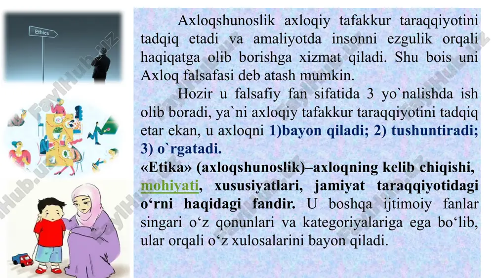 ar qanday zamonda, sharoitda ham yovuzlik bo`lib qolaveradi adolatning o`zi biror-bir qadriyatni anglatmaydi, lekin qadriyatlar orasidagi nisbatni belgilaydi, ularni baholash maqomiga ega shafqatning ildizi inson shaxsiga bo`lgan muhabbatga borib taqaladi, u ham muhabbat kabi qamrovli hissiyot qadr-qimmat. bu tushuncha inson o`z qadrini, bu dunyoda uning hayoti oliy qadriyat ekanligini, o`z shaxsi oldida o`zi ma`sul ekanligini anglash uchun xizmat qiladigan hissiyot ideal inson hayotidagi eng oliy axloqiy talabki, uning bajarilishini shaxsni komillikka yetkazadi. hayotda to`la ideallikka erishib bo`lmaydi, lekin inson ana shu komillikni o`ziga namuna bilib, idealga intilib yashashi jarayonida nisbiy-hayotiy komillikni qo`lga kiritadi baxt – har bir insonda qoniqish hissi undagi maqsadlarning takomilga yetkanidagina ro`y beradi. farobiy “baxt – har bir inson intiladigan maqsad, zotan u muayyan komillikdir”, – deganda ko`p jihatdan haq edi hayolilik – bu me`yor xulqiy har bir xulqiy go`zallikning asosiy belgilaridan biri hisoblanadi. bir qarashda uyat hissi bilan o`xshasada, aslida o`zini ko`proq andisha va iboga yaqin …