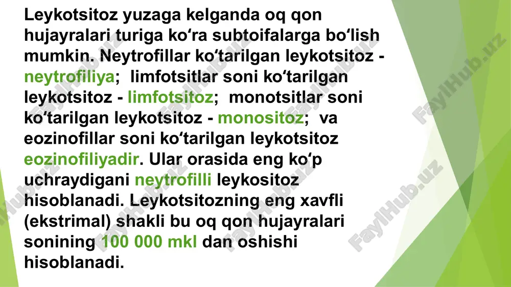 lazmatik nisbati 4:1-8:1, yadrosi yumaloq, xromatin strukturasi dag‘al, bo‘laklangan, sitoplazmasi bazofil, yupqa. morfologiyasi bo‘yicha limfotsitlar kichik, o‘rta va katta bo‘ladi. limfotsitlar funksiyasi: plazmatik hujayraga aylanadi va antitelo ishlab chiqaradi, yot, saraton hujayralari, virus, sodda hayvonlarga leykotsitoz (leukocytosis) bu leykotsitlar sonining fiziologik chegaradan ortib ketishidir (odatda 10 000 dan yuqori/mkl). sabablari: yallig‘lanish jarayonlari (infeksiyalar: bakterial, virusli, zamburug‘li) allergik reaksiyalar gormonlar ta’siri (masalan, kortikosteroidlar) leukemiyalar – qon yasalish tizimi kasalliklari, bu yerda ayniqsa blast hujayralar ko‘payadi. stress va jismoniy zo‘riqish leykotsitlar sonining normadan kam bo‘lishi (odatda <4000/mkl). sabablari: virusli infeksiyalar (masalan, gepatit, oiv) kimyoterapiya yoki radiatsiya ta’siri autoimmun kasalliklar aplazik anemiya – suyak iligi faoliyatining yetishmovchiligi toksik moddalar (benzol, dorilar) leykotsitlarning dismetabolik o‘zgarishlari bu holatlar hujayraning ichki metabolizmidagi buzilishlar bilan bog‘liq: fagotsitozning buzilishi – neyrofil va monotsitlarning bakteriyalarni yutish yoki hazm qilish qobiliyati pasayadi. oksidlovchi portlashning buzilishi – superoksid va boshqa reaktiv kislorod turlari ishlab chiqarilishi kamayadi. glikogen zahiralarining kamayishi – energiya …