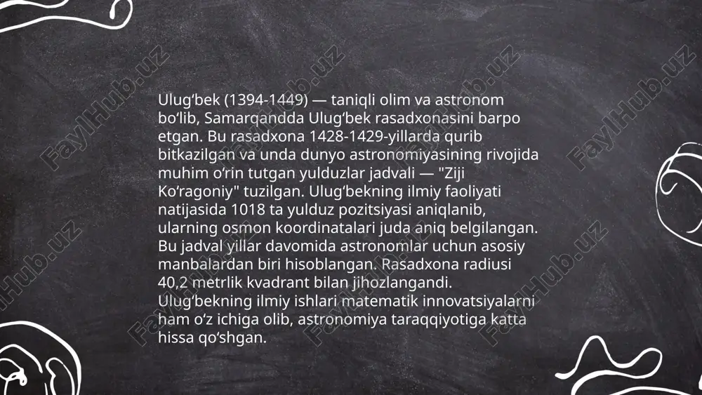 ta ta'sir ko‘rsatgan. ulug‘bek rasadxonasida ishlatilgan ilmiy vositalar va usullar keyinchalik yevropa astronomiyasining rivojlanishiga turtki bergan. uning asosiy yutuqlari orasida yil uzunligi 365 kunning 242 davriy qismi sifatida aniqlangan ozi mavjud. ... t.me/slaydai_bot 10. ulug‘bekning shogirdlari va ilmiy maktablari ulug‘bekning shogirdlari ichida qozizoda rumiy, gʻiyosiddin jamshid va ali qushchi kabi olimlar e'tiborga loyiqdir. ulug‘bekning ilmiy maktabi samarqandda joylashgan bo‘lib, bu yerda 1428-1437 yillarda "zij-i ulug‘bek" astral jadvallari yaratildi. bu jadvallar astronomiya sohasida katta yutuq hisoblanadi. ulug‘bek madrasasi esa 1420 yilda qurilgan bo‘lib, o‘sha davrning mavlono va olimlari uchun ilmiy markaz sifatida xizmat qildi. ulug‘bek matematika, astronomiya va fanning boshqa sohalarida ham katta hissa qo‘shgan bo‘lib, uning ilmiy maktabi keyingi asr olimlariga ta'sir ko‘rsatdi. ... t.me/slaydai_bot ulug‘bek (1394-1449) mashhur astronom va matematika ahli bo‘lib, uning asarlari asosan astronomiyaga oid. uning eng muhim asari "zij-i jadidi ko‘ragoniy" hisoblanadi. bu asar astronomik jadval bo‘lib, unda 1018 ta yulduzning pozitsiyalari aniqlangan. ulug‘bekning observatoriyasi samarqandda …