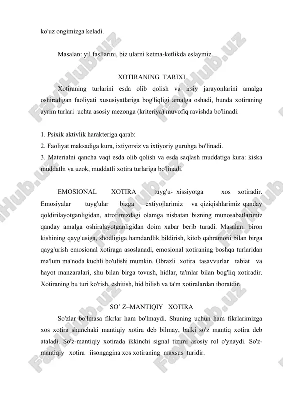 ning uchun ham fikrlarimizga xos xotira shunchaki mantiqiy xotira deb bilmay, balki so'z mantiq xotira deb ataladi. so'z-mantiqiy xotirada ikkinchi signal tizimi asosiy rol o'ynaydi. so'z- mantiqiy xotira iisongagina xos xotiraning maxsus turidir. ixtiyoriy va ixtiyorsiz xotira faoliyat maksadga qarab xotira ixtiyorsiz va ixtiyoriy turlarga bo'linadi. muayyan maqsadsiz biron narsani esda olib qolish yoki eslash, ixtiyorsiz esda olib qolish va iktiyorsiz qayta esga tushirish ixtiyorsiz xotira deb ataladi. o'z oldimizga maqsad qo'yib esda olib qolsak, bu ixtiyoriy deb ataladi. xotiraning ixtiyoriy va ixtiyorsiz turlari xotira tarakkiyotining 2 ta ketma—ketboskichlarinii tashkil etadi. ixtiyorsiz xotira turmushimizda katta o'rin egallaydi. ixtiyorsiz xotirada biz xech qanday irodaviy kuch sarflaymiz, hech qanday maqsad qilib quymaymiz. qisqa muddatli va uzoq muddatli xotira ma'lum bir material xotirada mustahkamlanishi uchun material sub'yekt tomonidan ishlab chiqarilishi kerak. bu jarayon hozirgina bo'lib o'tgan hodisaning sub'yektiv jihatdan "aks-sadosi" sifatida yechiladi. biz xotira mobaynida hozir bevosita idrok qilmayotgan, go'yo ko'rishda, eshitishda davom …