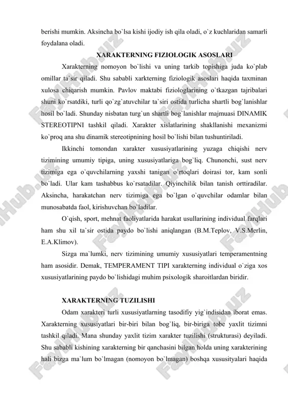ing hali bizga ma`lum bo`lmagan (nomoyon bo`lmagan) boshqa xususityalari haqida ham fikr yurita olamiz. turli odamlarda turlicha xarakter xususiyatlarining tizimi (simptomokomplekslar). psixologiya fanida kishining atrofdagi voqelikka munosabati nuqtai-nazaridan xarakter xususiyatlarining quyidagi tizimi guruhlari farqlanadi; 1.shaxsning umumiy psixik tuzilishini (uning maslagini) ifodalaydigan xususiyatlar: g`oyaviylik, maqsadga intiluvchanlik, halollik, vatanparvarlik, mardlik, adolatga ishonish, faollik, intizomlilik. 2.shaxsning boshqa odamlarga munosabatini ifodalovchi xususiyatlar-jamoalilik, insonparvarlik, sezgirlik, saxiylik, samimiylik, hurmat-ehtirom. bularga qarshi: pismiqlik, beparvolik, toshbag`irlik, ichidan pishganlik, dag`allik, kishilarga nafrat bilan qarash. 3.kishining o`z-o`ziga qanday munosabatda bo`lishi haqida guvohlik beradigan xususiyatlar - kamtarlik, mag`rurlik, uyatchanlik, jizzakilik, xudbinlik, egotsentrizm (o`z shaxsi, o`zining kechinmalari bilan band bo`lish, o`zini hamisha o`z diqqat markazida tutish). 4.shaxsning mehnatga, o`z ishiga munosabatini ko`rsatuvchi xususiyatlar -qat`iyatlik, tashabbuskorlik, mehnatsevarlik, ijodga ishtiyoq, ishdagi halollik. 5.kishining narsalarga munosabatini xarakterlovchi xususiyatlar - puxtalik-beparvolik, qimmatli narsalarni behuda sarf qilish yoki tejash (kimniki bo`lishidan qat`iy nazar). xarakterning ayrim xususiyatlari shaxsning ijobiy xususiyatlari, boshqalari esa salbiy xususiyatlari bo`ladi. shu narsani esda …