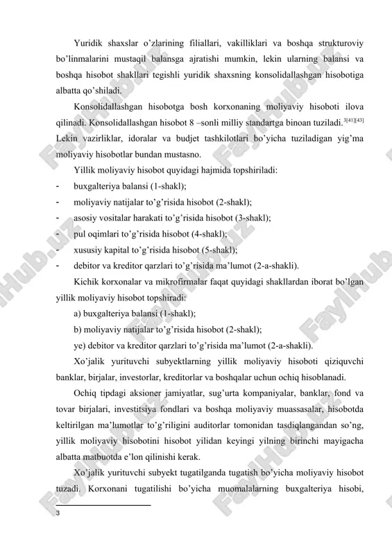 ansining aktiv va majburiyat moddalari sinchiklab o’tkazilgan inventarizatsiya bilan asoslanishi kerak. 2. moliyaviy hisobot tuzish va uni tashkil etish moliyaviy hisobotlarni o’z vaqtida tuzishni ta’minlash uchun buxgalteriyaning barcha bo’limlari ishlarini bajarish muddatlarini ko’rsatib yig’ma ish grafigi tuziladi. buxgalteriya hisobi qo’lda yuritilsa, grafik bilan belgilangan muddatlarda jurnal - orderlarning jami chiqariladi, zarur bo’lsa bir registrdagi summa boshqa registrlarga o’tkaziladi va har bir schyotning oboroti muqobil tekshiriladi. jurnal - order shaklida hisob yuritilganda oy oxiriga qolgan summalarini o’tkazish va hisob registrlarini yakunlash bo’yicha hisob ishlarining ketma - ketligi quyidagicha: · ma’lumotnoma - varaqalaridan debet va kredit oborotlari jurnal - orderlar va qaydnomalarga o’tkaziladi, bunda rasshifrovka - varaqalari va jurnal orderlarda tegishli belgilar qo’yiladi; · 5010- schyotining debeti bo’yicha 1- qaydnoma va 5110- schyotining debeti bo’yicha 2- qaydnomalarning yig’indisi 3, 10/1, 13- jurnal orderlariga o’tkaziladi; · 7, 12, 14, 15, 16, 17 va boshqa qaydnomalarning analitik hisob yig’indisi hisoblab chiqariladi, shundan keyin jami …