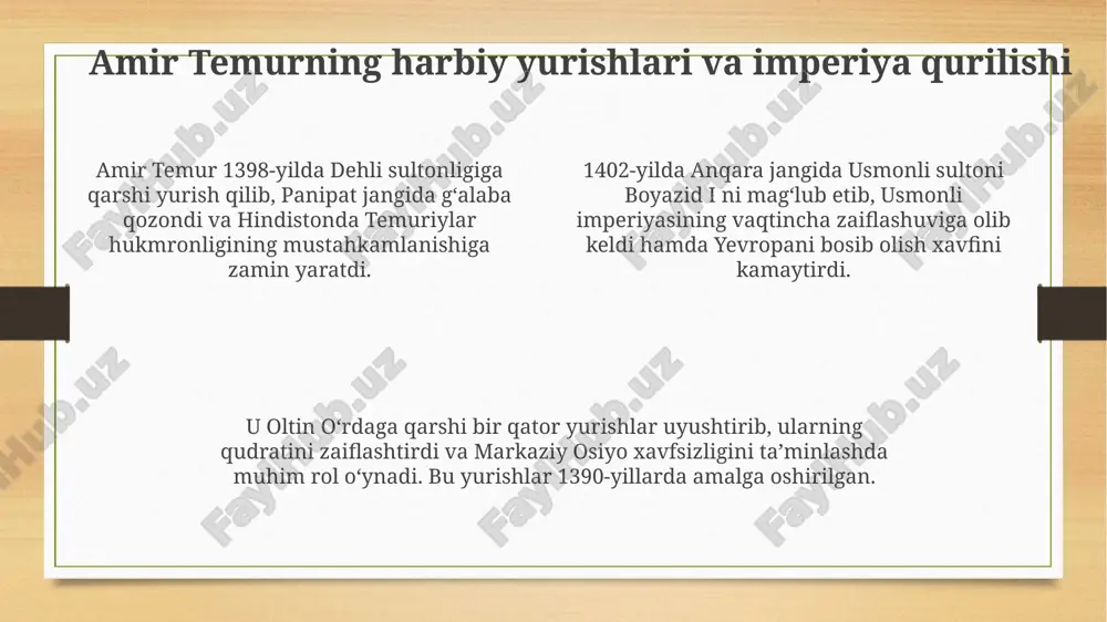 aniy obidalarni himoya qilish bo'yicha ko'rilgan choralar siyosiy barqarorlikni ta'minladi. amir temur merosi va uning jahon tarixidagi o'rni temuriylar renessansi 15-asrda ilm-fan, san'at va me'morchilikning gullab-yashnashiga olib keldi, bu esa jahon madaniyatiga beqiyos hissa qo'shdi va samarqandni madaniy markazga aylantirdi. amir temur davlatchilik siyosati 14-asrda o'rta osiyo iqtisodiyotini tiklashga qaratilgan bo'lib, savdo yo'llari va hunarmandchilikni rivojlantirishga katta e'tibor qaratgan. temurning harbiy yurishlari 1370-1405 yillarda g'arbiy osiyo, hindiston va boshqa hududlarga ta'sir ko'rsatib, siyosiy landshaftni o'zgartirib, yangi davlatlar shakllanishiga sabab bo'lgan. xulosa amir temurning davlat arbobi sifatidagi siyosati movarounnahr iqtisodiyoti va madaniyatini 14-15-asrlarda yuksalishiga olib keldi, bu uning muvaffaqiyatli boshqaruvidan dalolatdir. temur tuzuklari, 1360-yilda yozilgan, davlat boshqaruvi, armiya tuzilishi va qonun ustuvorligi kabi masalalarni qamrab olgan, adolat tamoyillariga asoslangan siyosatni aks ettiradi. amir temur saltanati davrida savdo-sotiq rivojlandi; ipak yo'li orqali g'arb va sharq o'rtasida karvonlar qatnadi va bu mintaqa iqtisodiy jihatdan gullab-yashnashiga yordam berdi. e'tiboringiz uchun rahmat image3.png image4.png