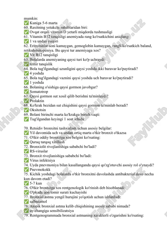 gormon javobgar? ✅ somatotrop 67. qaysi gormon sut xosil qilib berishni ta'minlaydi? ✅ prolaktin 68. ko'krak bezidan sut chiqishini qaysi gormon ta'minlab beradi? ✅ oksitotsin 69. bolani birinchi marta ko'krakga berish vaqti: ✅ tug'ilgandan keyingi 1 soat ichida 70. retsidiv bronxitni tashxislash uchun asosiy belgilar: ✅ yil davomida uch va undan ortiq marta o'tkir bronxit o'tkazsa 71. o'tkir oddiy bronxitga xos belgini ko'rsating: ✅ quruq tarqoq xirillash 72. bronxiolit rivojlanishiga sababchi bo'ladi? ✅ rs-viruslar 73. bronxit rivojlanishiga sababchi bo'ladi: ✅ virus infektsiya 74. uyda pnevmoniya bilan kasallanganda qaysi qo'zg'otuvchi asosiy rol o'ynaydi? ✅ pnevmokokk 75. kichik yoshdagi bolalarda o'tkir bronxitni davolashda antibakterial davo necha kun davom etadi? ✅ 5-7 kun 76. o'tkir bronxitga xos rentgenologik ko'rinish deb hisoblanadi: ✅ o'pkada qon tomir surati kuchayishi 77. bronxial astma yengil hurujini yo'qotish uchun ishlatiladi: ✅ salbutamol 78. atopik bronxial astma kelib chiqishining asosiy sababi nimada? ✅ uy changiga sensibilizatsiya 79. rentgenogrammada bronxial …