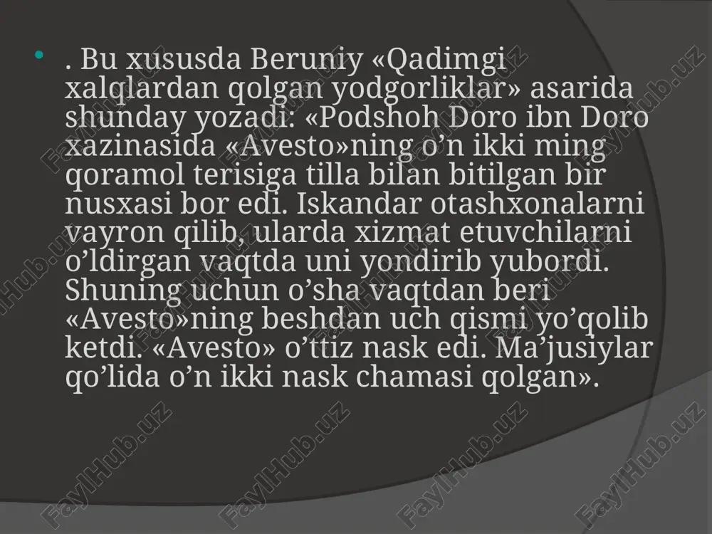 shbu oqimning asoschisi moniy (216-276 y.) bo‘lib, u tarixiy shaxsdir. uning ta’limoti hukmron tabaqalar manfaatiga zid bo‘lgani uchun 276 yilda vahshiylarcha o‘ldirildi avestoda yer, suv, oziq-ovqat, kiyim-kechak toza saqlanishi kerakligini aytadi. avliyolarni shahar va qishloq chekkasida qurish va uni atrofi o’rab olinishi kerakligini aytib o’tilgan. suvni iflos qilmaslik va unga tupurmaslik haqida yozilgan. yerni iflos qilmaslik haqida yozilgan. yerni iflos qilgan va uni asrash qoidalarini buzgan insonlar 400 qamci urilgan. mikroblar insonni kasallanishiga sabab bo’ladi. moniy ta’limoti zardushtiylikning yaxshilik va yomonlik ta’limotiga asoslangan bo‘lib, keng xalq ommasining manfaatiga mos kelar edi. moniylik ta’limotida dunyo — ziyo (yorug‘lik) va zulmat (qorong‘ulik)ning aabadiy kurash maydonidan iborat, mana shu kurash maydonida insonning asosiy vazifasi yovuzlikni yo‘q qilish uchun yaxshilik, ezgulikka ko‘maklashishdan iborat degan ma’naviy-axloqiy ta’limot ilgari suriladi.shunday qilib yana bir qancha ta’limotlar yuzaga keldi va ularning hammasi avestoga o`xshab inson sofligi va yaxshi amal haqida g`oyasini ilgari surgan edi "avesto" matnlarini o`qish imkoniyatiga …