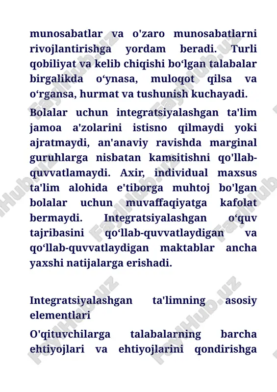 ktolog, logoped, psixolog) tomonidan muntazam ravishda zarur yordam va yordam oladigan kombinatsiyalangan shakl. qisman integratsiya, bunda imkoniyati cheklangan o’quvchilar tengdoshlari bilan teng ravishda ta’lim dasturini o’zlashtira olmaydi. bunday bolalar vaqtlarining faqat bir qismini umumiy sinflarda, qolgan vaqtlarini maxsus sinflarda yoki individual darslarda o'tkazadilar. vaqtinchalik, bunda maxsus sinf bolalari va oddiy sinf oʻquvchilari oyiga kamida ikki marta birgalikda sayr qilish, bayramlar, musobaqalar va boshqa taʼlim tadbirlari uchun yigʻilishadi. to'liq, unda bir yoki ikkita rivojlanishida nuqsoni bo'lgan bola oddiy guruhda o'qiydi. ushbu shakl maktabgacha va boshlang'ich maktab yoshidagi bolalar uchun ko'proq mos keladi. asosan, bular psixofizik va nutq rivojlanish darajasi bo'yicha yosh normasiga mos keladigan va sog'lom tengdoshlari bilan birgalikda o'rganishga psixologik jihatdan tayyor bo'lgan bolalardir. ularga o'qish joyida tuzatish yordami beriladi yoki ota-onalar buni mutaxassislar nazorati ostida amalga oshiradilar. integratsiyalashgan ta'lim va tarbiya xorijiy mamlakatlarda keng tarqalgan amaliyotdir. bizda … borinklyuziv sinflar va maktablar endigina paydo bo'la boshladi. andijon davlat universiteti …