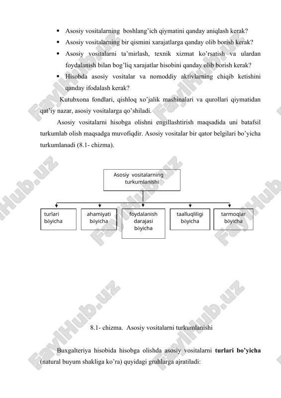 iqtisodiyotning tarmoqlariga tegishli bo’lgan asosiy vositalarga guruhlanadi. asosiy vositalarni baholash tartibi. asosiy vositalarni to’g’ri hisobga olish faqat ularni baholashning yagona tamoyili bo’lgan sharoitdagina amalga oshirilishi mumkin. moliyaviy hiso-botning xalqaro standartlari (mhхs)ga muvofiq qiymatning quyidagi tushun-chalari mavjud: boshlang’ich qiymati; joriy qiymati; qoldiq qiymati; tugatish qiymati; asosiy vositalarni sotib olish, qurish, ishlab chiqarish yoki holatini yaxshilash bilan bog’liq to’g’ridan-to’g’ri xarajatlarni, jumladan, undan maqsadli foydalanish uchun zarur bo’lgan o’rnatish bilan bog’liq bo’lgan xarajatlarni o’z ichiga oladi. boshlang’ich qiymat — bu asosiy vositalarni yaratish (qurish va qayta qurish) yoki sotib olish bo’yicha xaqiqiy amalga oshirilgan xarajatlar qiymati bo’lib, jumladan to’langan va qayta qoplanmaydigan soliqlar va yig’imlar, shuningdek, tashib keltirish va montaj qilish, o’rnatish va foydalanishga topshirish bo’yicha xarajatlar va aktivni tayyorlanishi bo’yicha foydalanish uchun ishchi holatga keltirish bilan bevosita bog’liq bo’lgan boshqa xarajatlarni o’z ichiga oladi. boshlang’ich qiymat ob’ektni korxonada ishga tushirish paytida shakllanadi. asosiy vositani korxonada bo’lib turgan davri mobaynida faqat uning boshlang’ich …