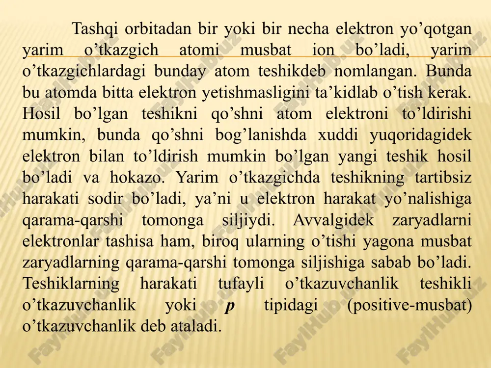uchlanish stabilizatorlari (stabilitronlar) sifatida foydalaniladi. diodning tuzilishi murakkab emas. odatda germaniy monokristal plastinkasiga aralashma indiy tomchisi, kremniy plastinkasiga alyuminiy tomchisi suyuqlantirib yopishtiriladi (5.3 - rasm). bu moddalarni biriktirishda boshqa usul-diffuziyadan ham foydalaniladi. bunday xollarda suyuq yoki gazsimon aralashma yuqori bosim ostida va yuqori temperaturada yarim o’tkazgich plastinasiga singiydi. ko’rsatilgan birikmalar natijasida sohalar chegarasida n - p - o’tish hosil bo’ladi. indiy elektrodidan germaniydan iborat yarim o’tkazgich plastinasi tomon yo’nalish tokning to’g’ri yo’nalishi bo’ladi. bu yerda aralashma elementi anod, yarim o’tkazgich plastinasi esa katod vazifasini bajaradi. 2-rasm. yarim o’tkazgichli diod. a-tuzilish sxemasi; b-ulash sxemasi; v-stabilitronni ulash sxemasi; 1-elektron o’tkazuvchanlikli germaniy; 2-teshikli o’tkazuvchanlikli germaniy; 3-indiy. kuchlanish stabillashganda o’tishning teshilishi sodir bo’ladi va tok keskin ko’payadi. bunda kuchlanish qaytadan taqsimlanadi va uning ortiqchasi so’ndiruvchi rezistor rs yordamida yutiladi. natijada kuchlanishning oshishi to’xtaydi va nagruzka ri da u nominal qiymatga ega bo’ladi. 3. yarim o’tkazgichli triodlar yarim o’tkazgichli triodlar yoki tranzistorlar ikkita yarim o’tkazgichli …